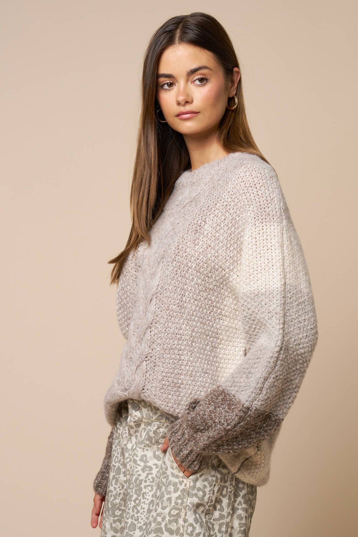 Color Block Cable Knit Sweater: TAUPE / L - Pink Peonies
