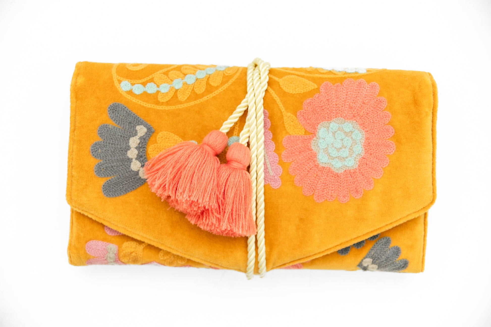 Embroidered Velvet Jewelry Organizer-Mustard - Pink Peonies