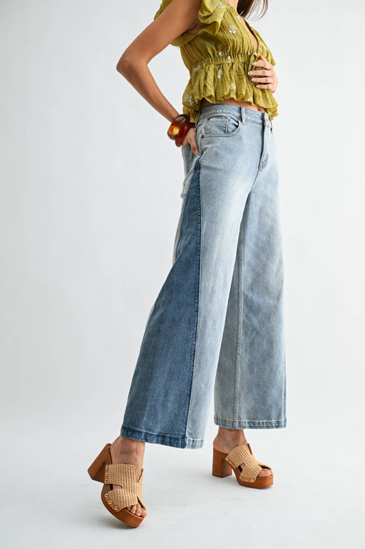 CB10162J Wide-Leg Two-Tone High Waist Denim Jeans: MEDIUM WASH / S-M-L (3-2-1) - Pink Peonies