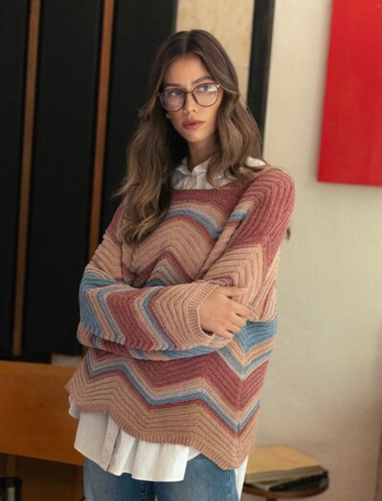 Rose Multi Zig-Zag Pointelle Chenille Sweater - Pink Peonies