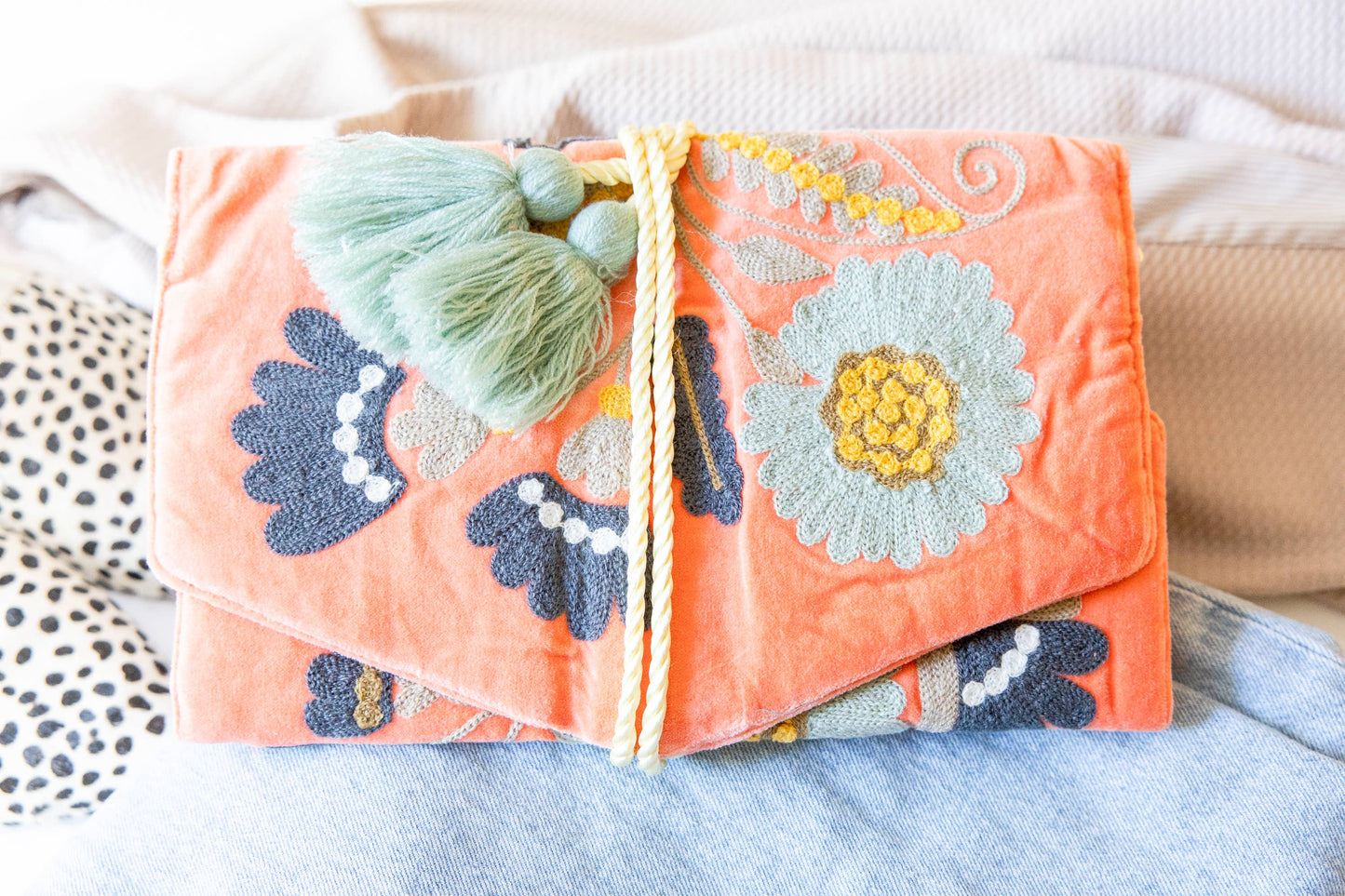 Embroidered Velvet Jewelry Organizer-Coral - Pink Peonies