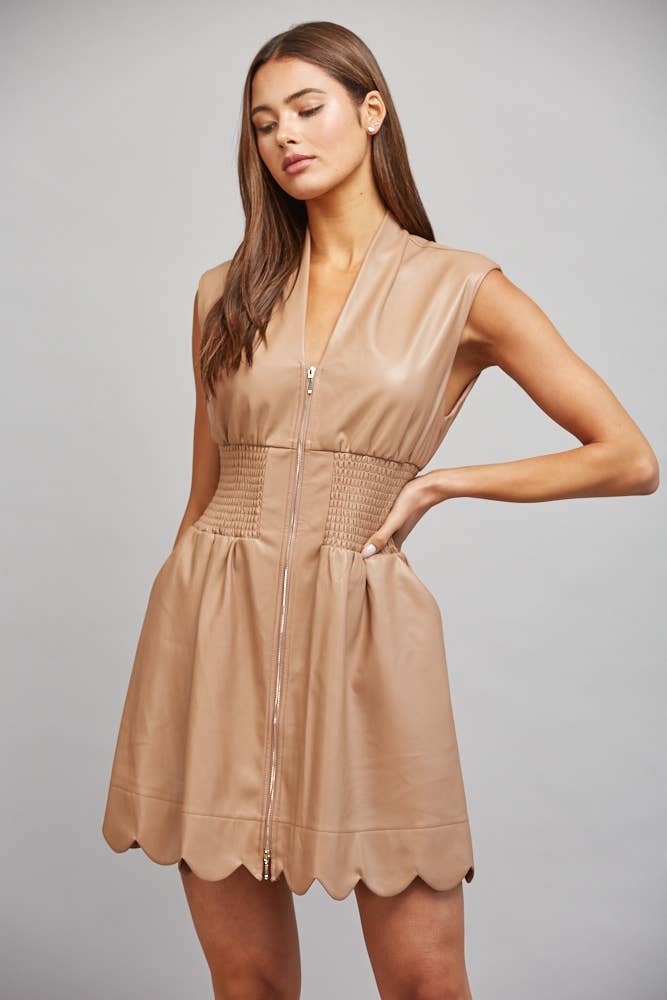 Faux Leather Smocked Waist Dress - Pink Peonies