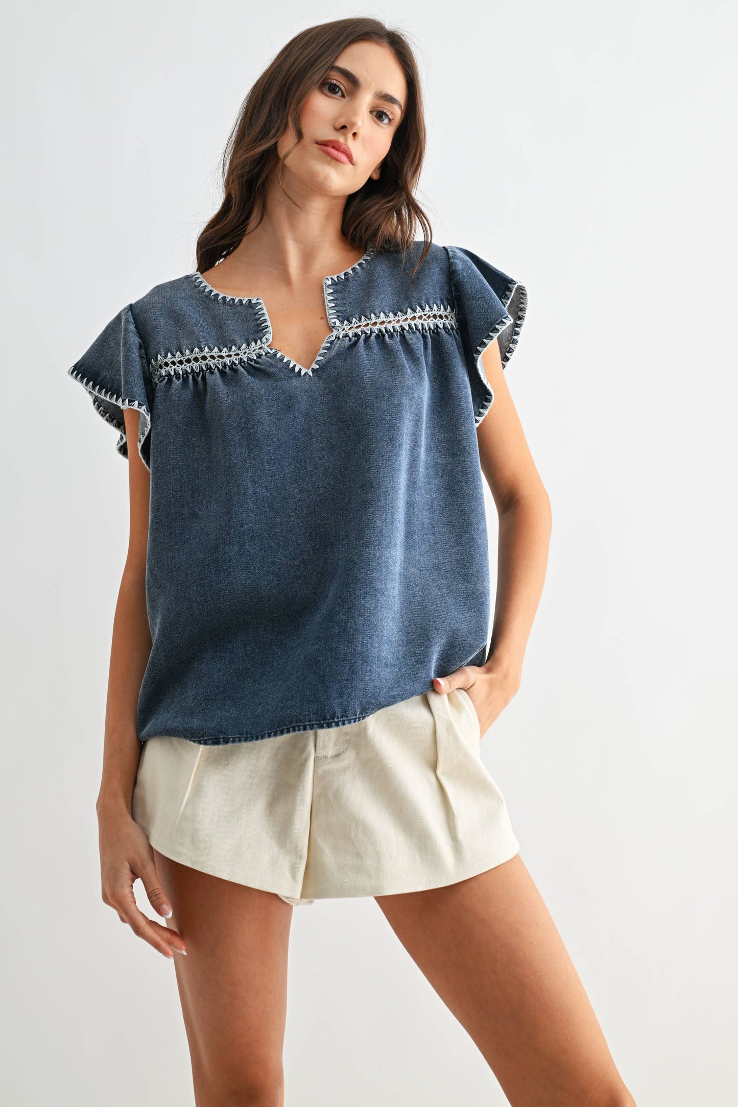 CJT26782 Denim Flutter Sleeve Top with Embroidered Trim: MEDIUM DENIM / S-M-L (3-2-1) - Pink Peonies