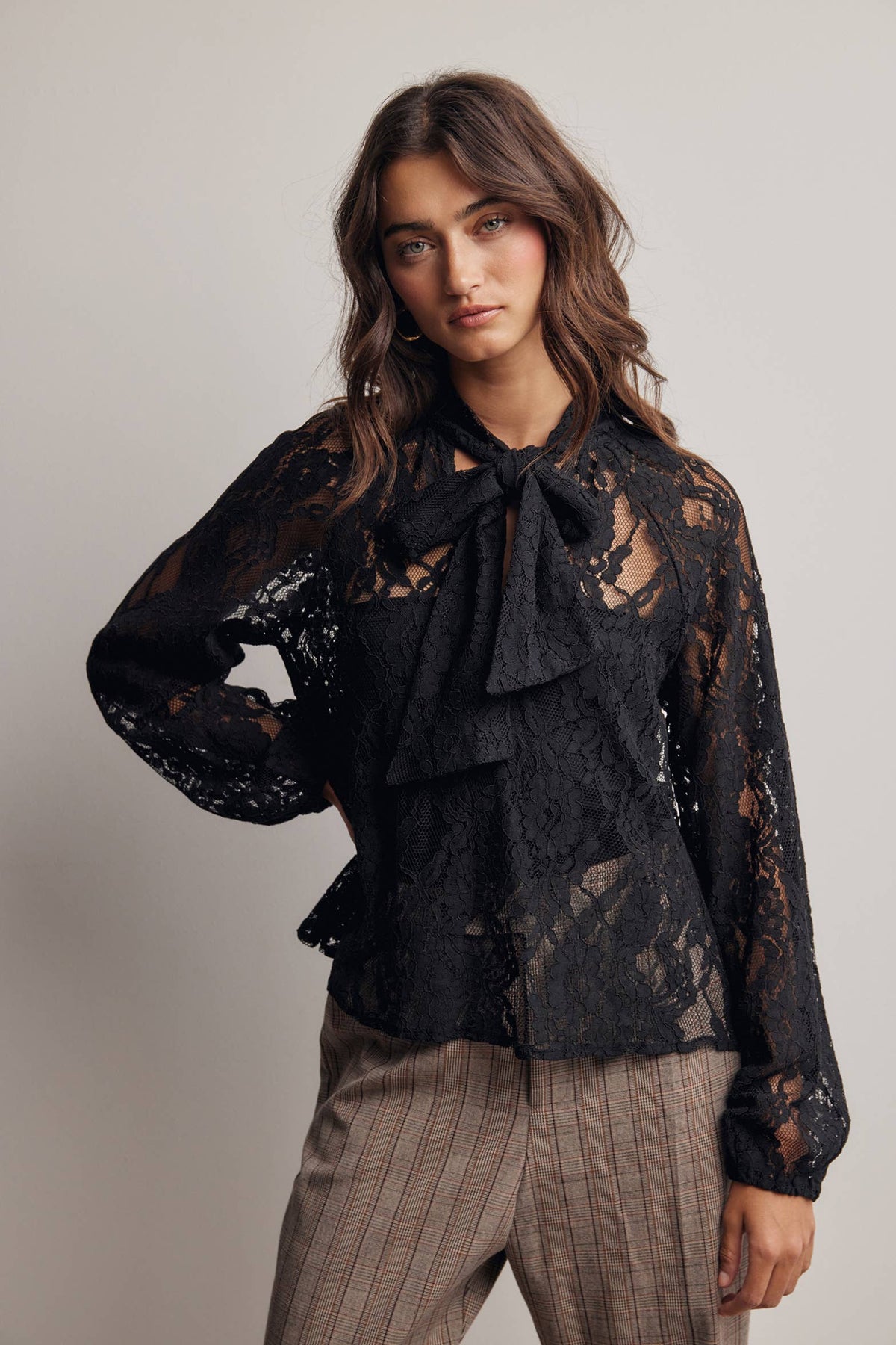 Sheer Lace Tie Neck Black Blouse