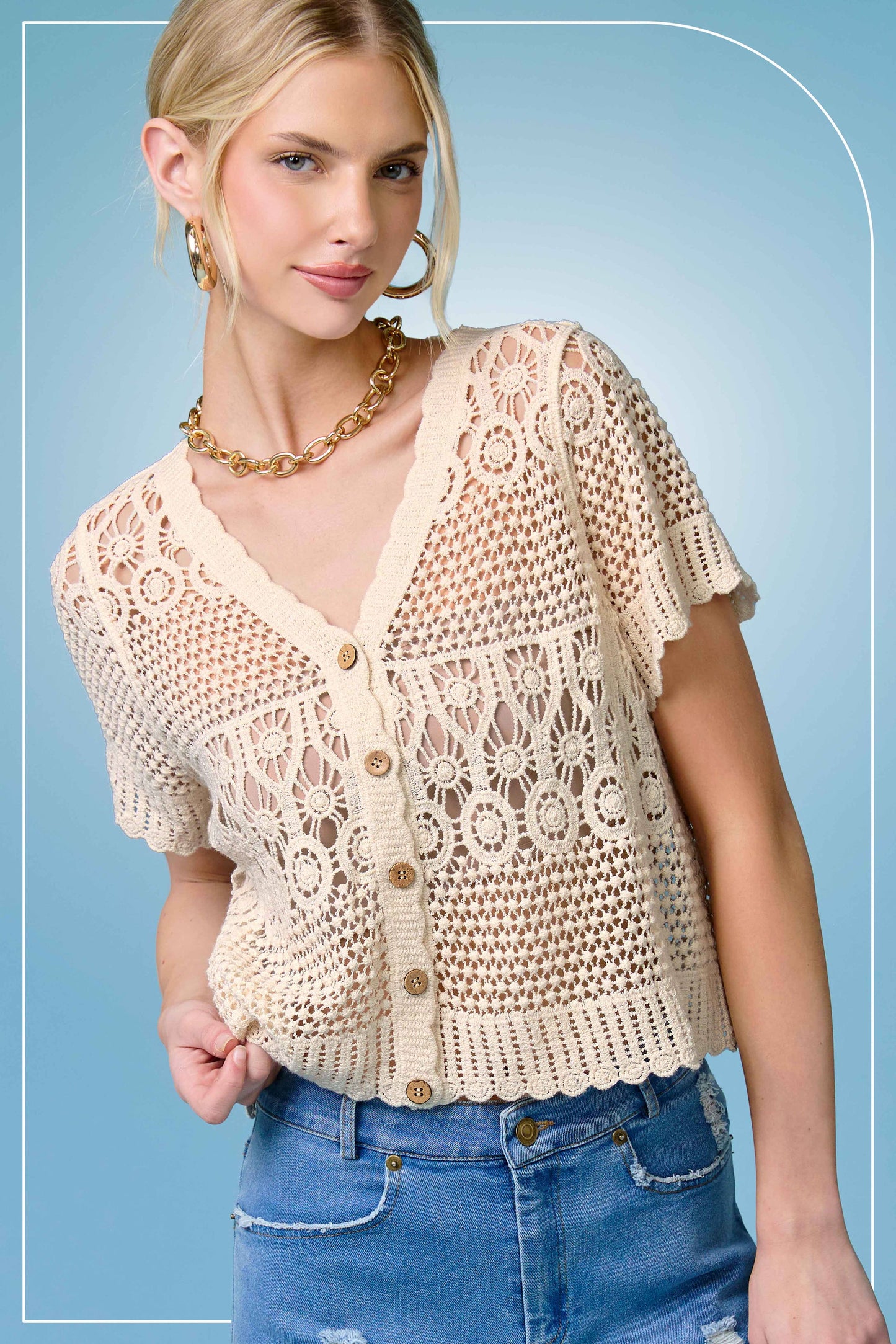 JDT7735-Open Knit Scallop Edge Button Down Cardigan: Natural / M/L - Pink Peonies