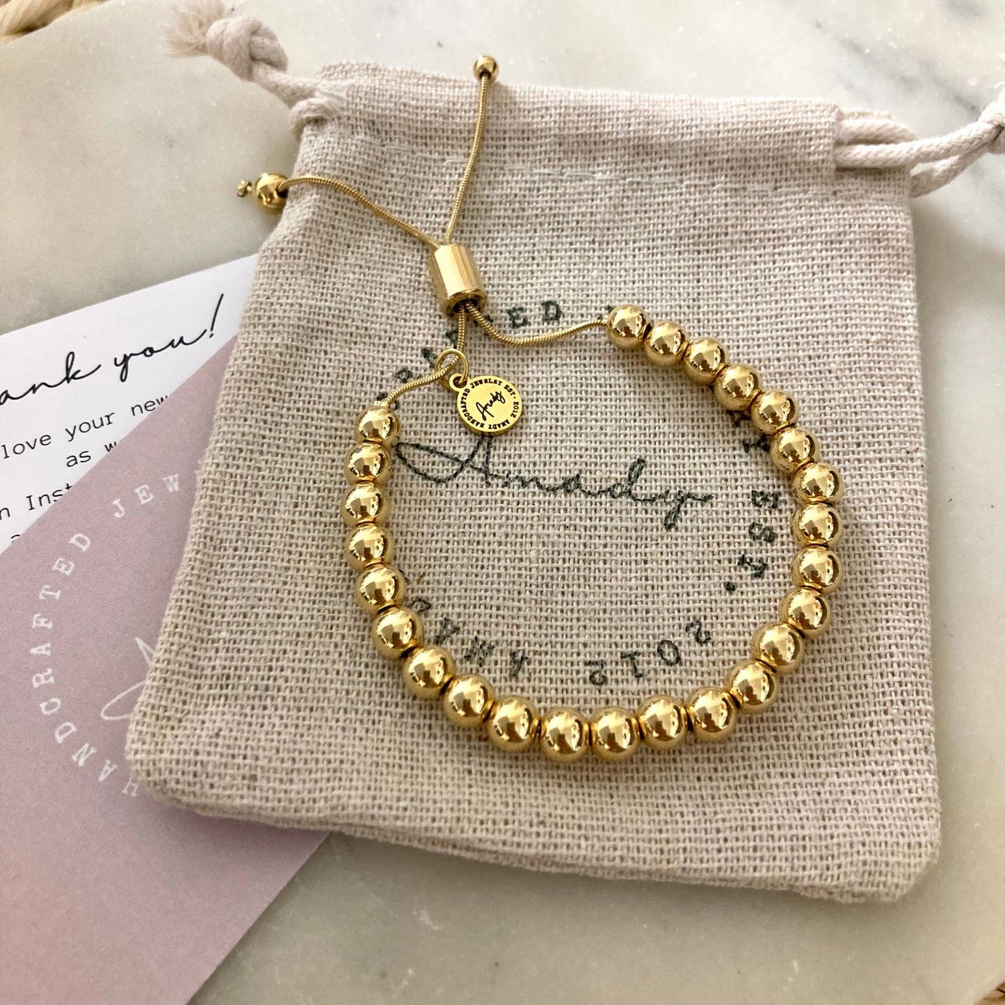 Gold beaded adjustable bracelet, 24k Gold-plated layering - Pink Peonies