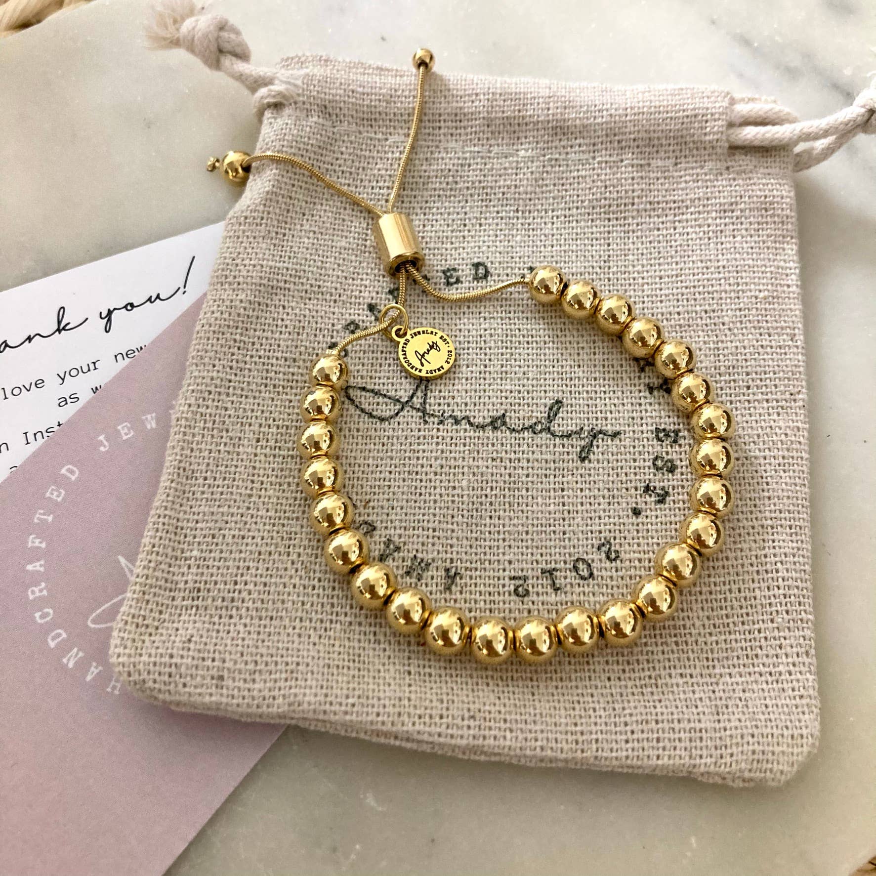 Gold beaded adjustable bracelet, 24k Gold-plated layering - Pink Peonies
