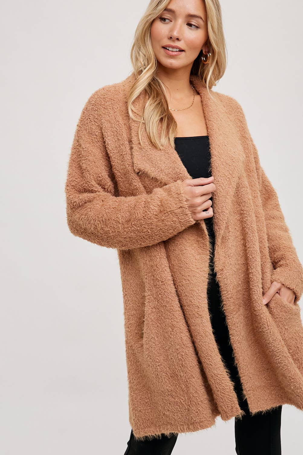 SOFT FUZZY DRAPE FRONT CARDIGAN: MUSHROOM / M/L - Pink Peonies