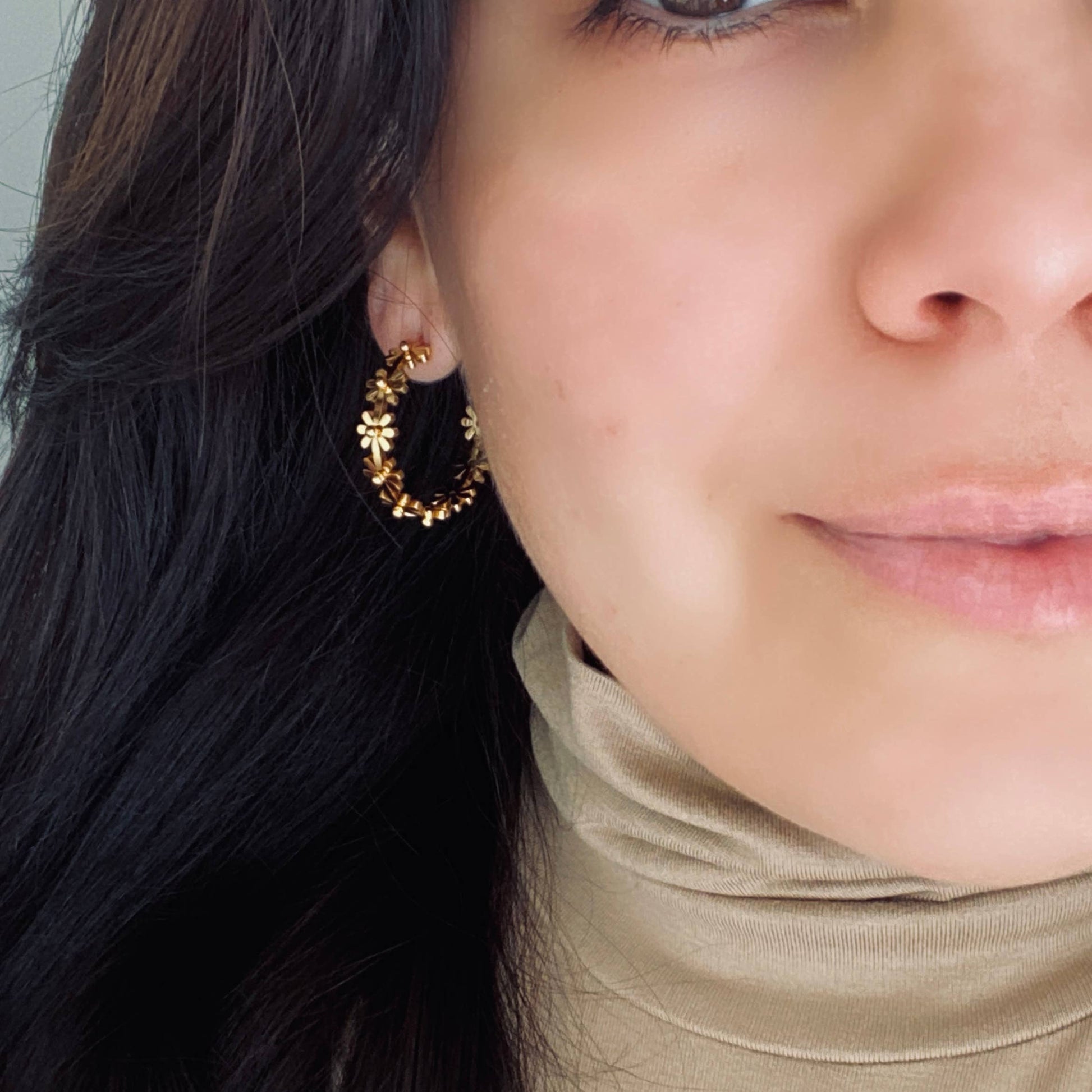 Flower Hoop Earrings 18K gold plated lightweight water resis - Pink Peonies