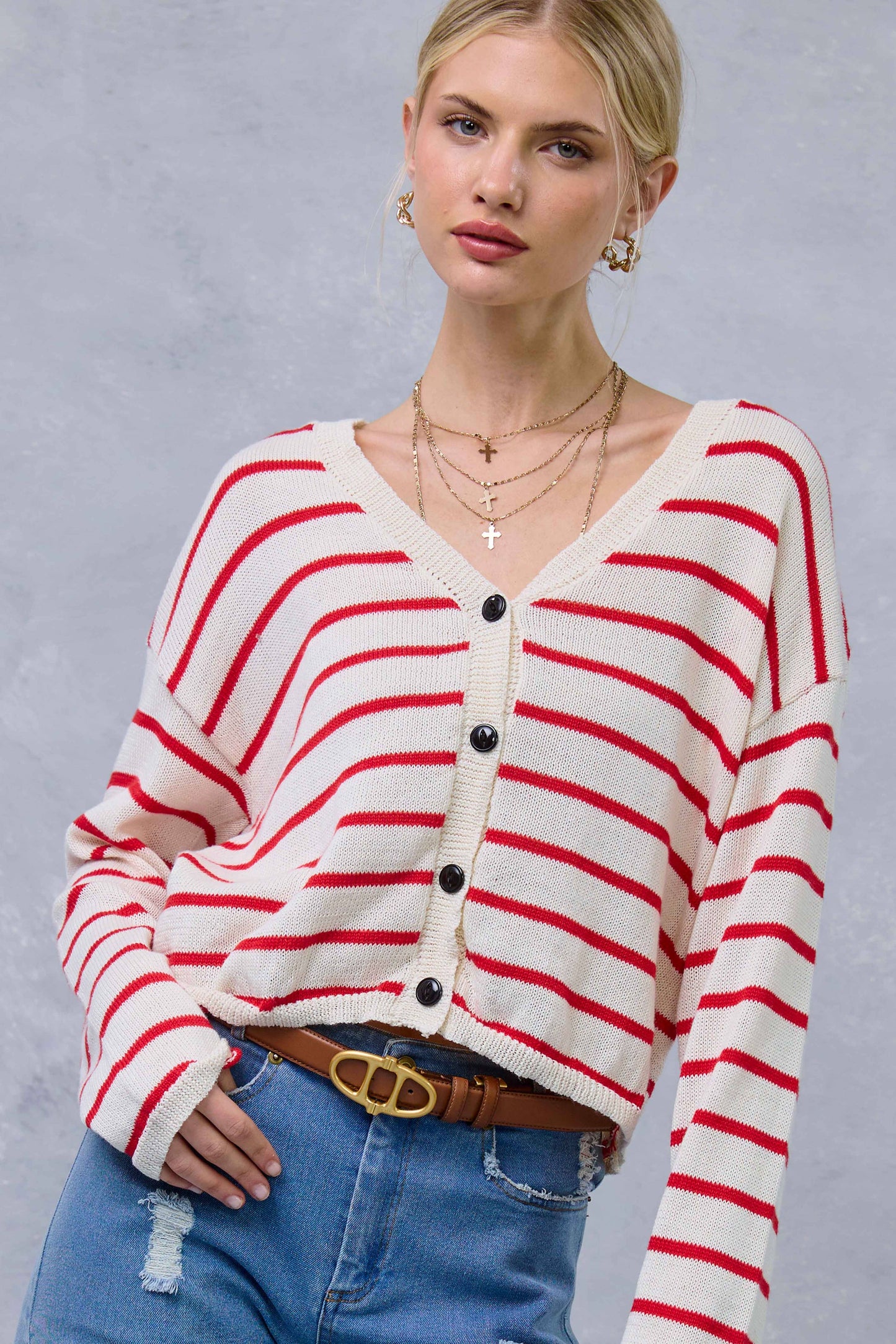 MDS3611-Relaxed Striped Summer V Neck Button Down Cardigan: Tomato / L - Pink Peonies