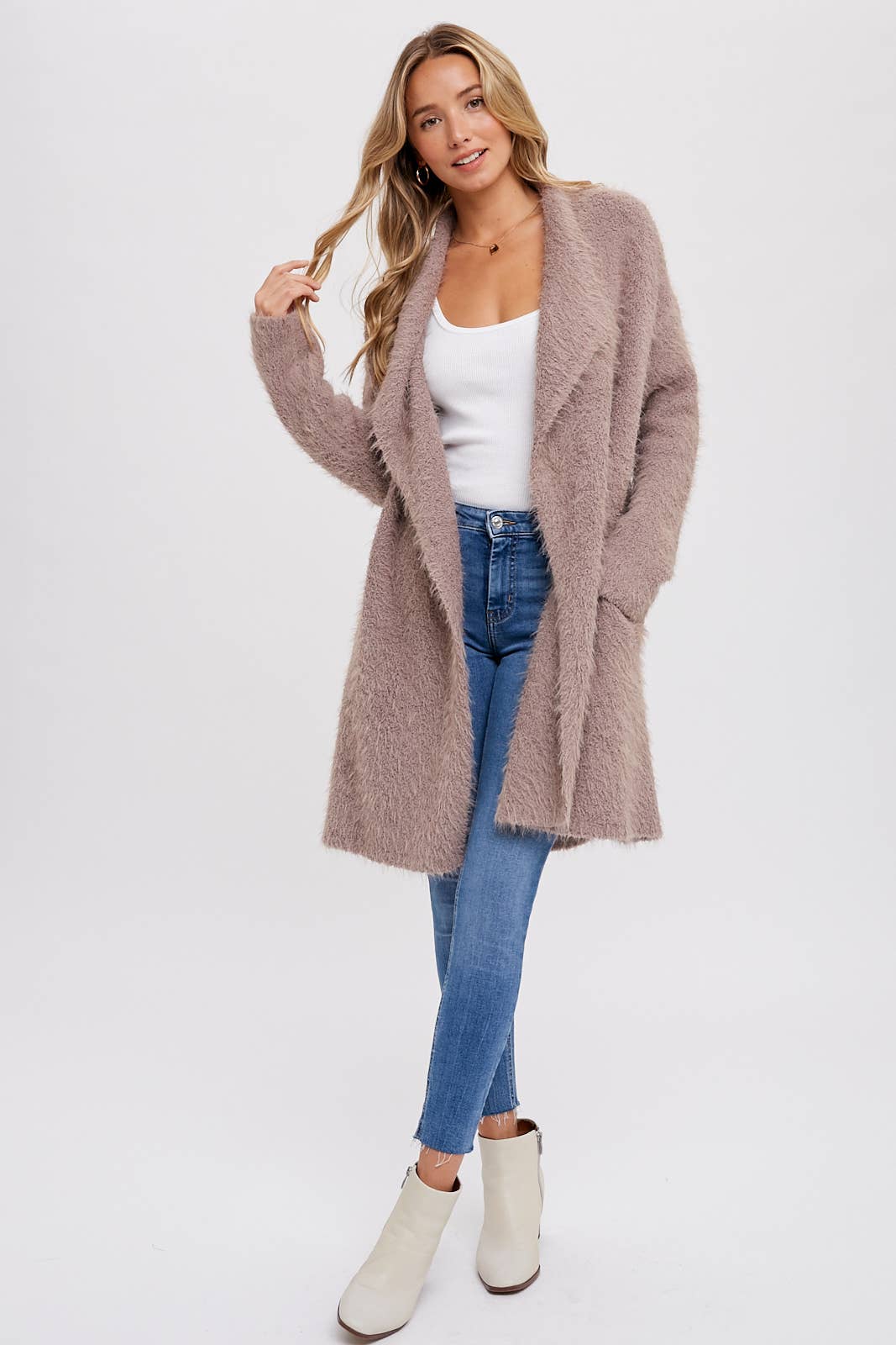 SOFT FUZZY DRAPE FRONT CARDIGAN: MUSHROOM / M/L - Pink Peonies
