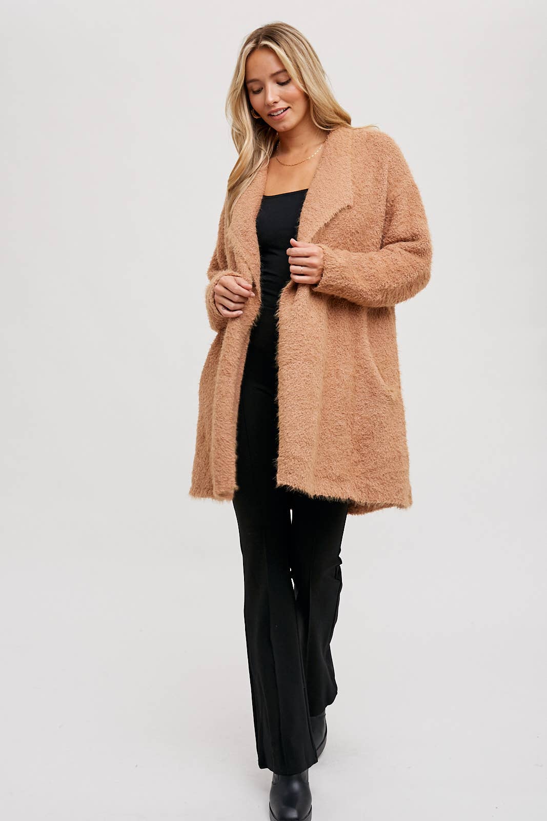 SOFT FUZZY DRAPE FRONT CARDIGAN: MUSHROOM / M/L - Pink Peonies