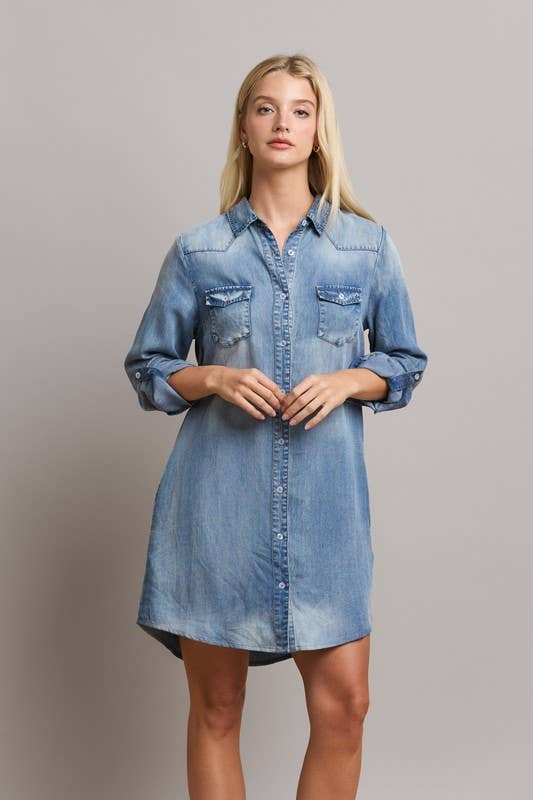 Tencel Denim Shirt Dress - Pink Peonies