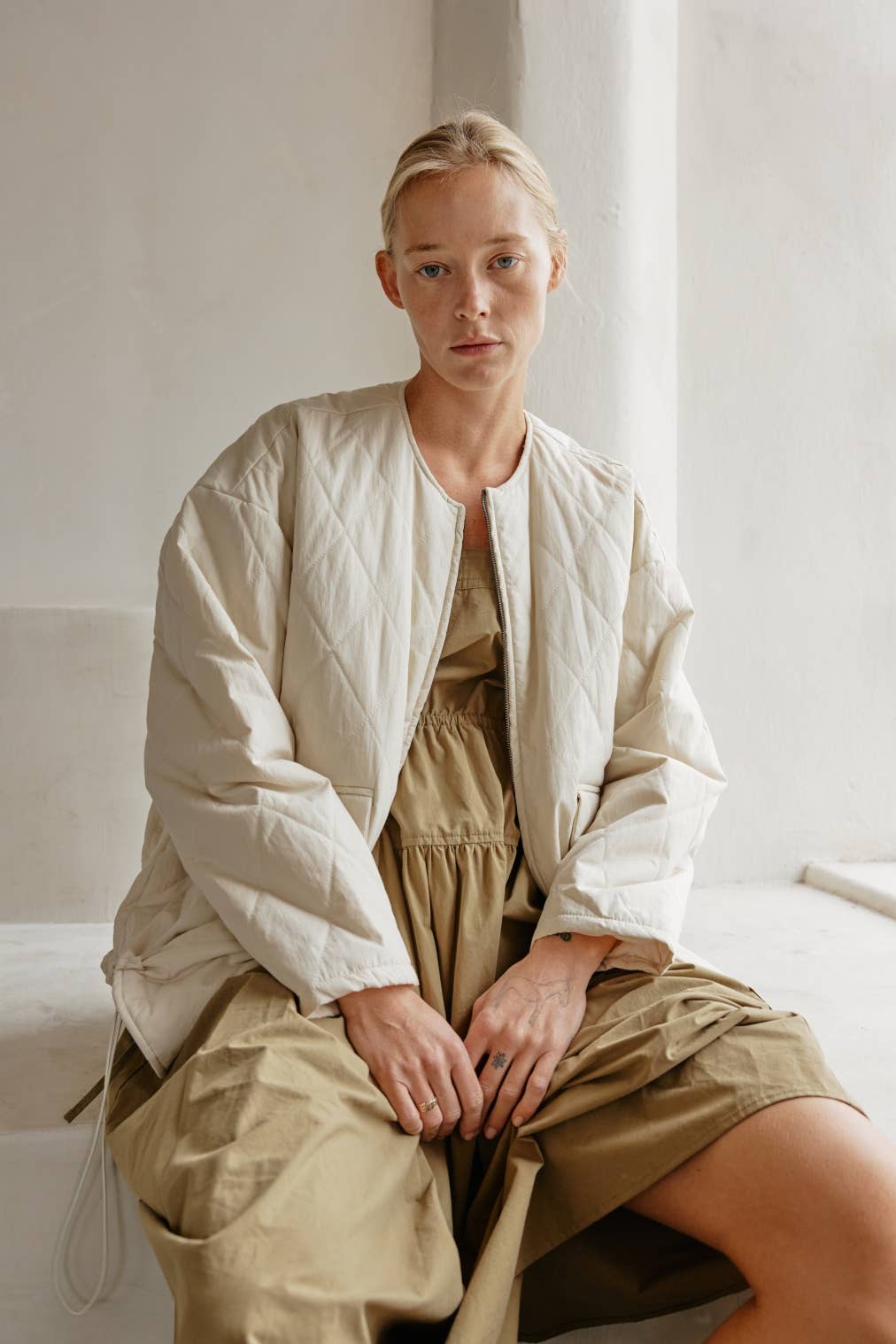 Oversized Quilted Jacket with Drawstrings - Pink Peonies