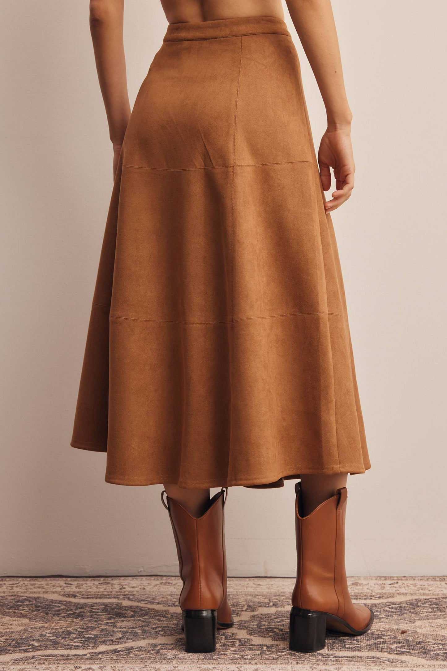 Stretched Suede A-Line Midi Skirt - Pink Peonies
