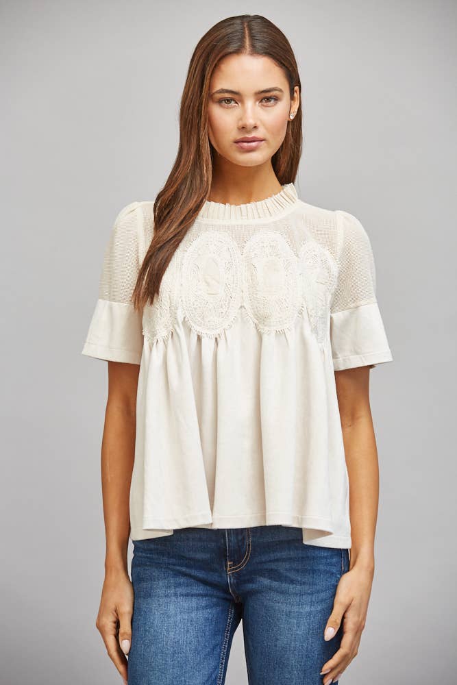 Sheer Mesh Upper Faux Suede Top