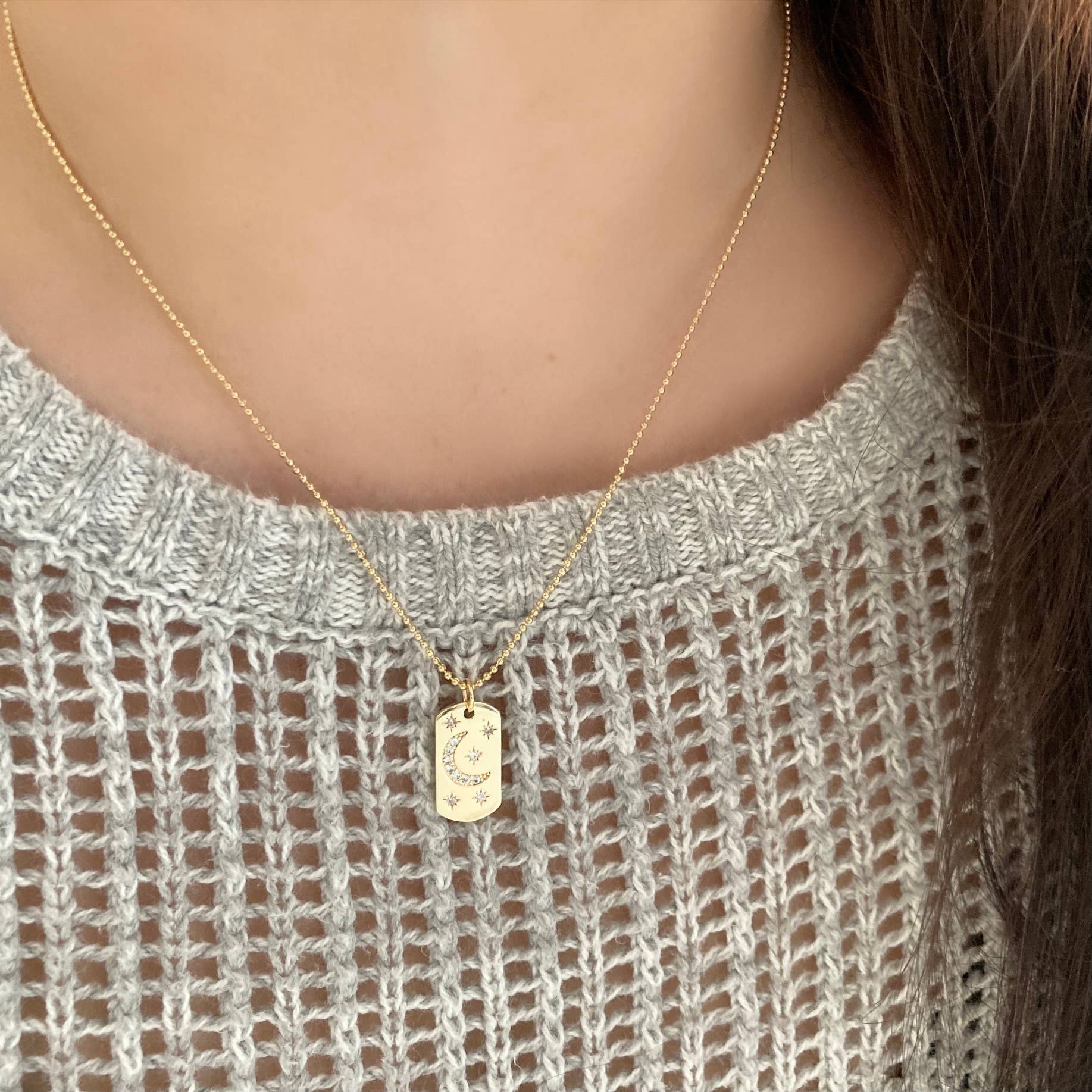 Half Moon Crescent Star Medallion 18K gold dog tag necklace - Pink Peonies