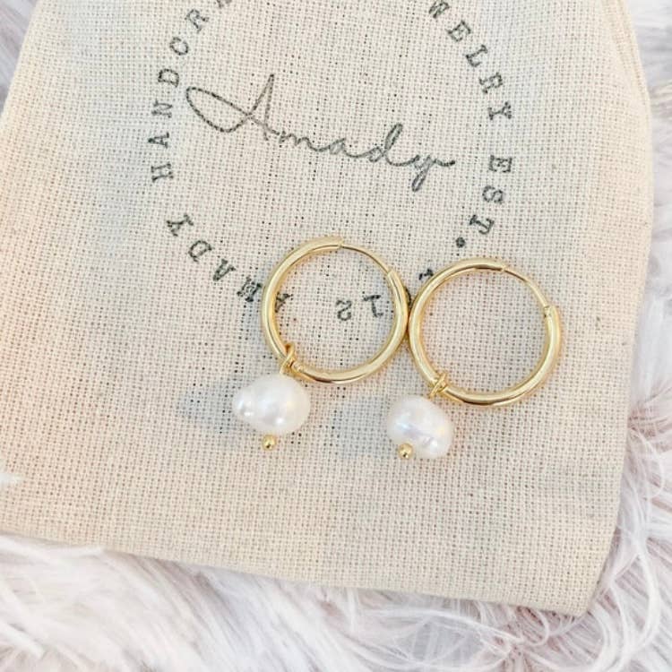Water Pearl Hoop Earrings, pearl earrings, minimalist hoops - Pink Peonies