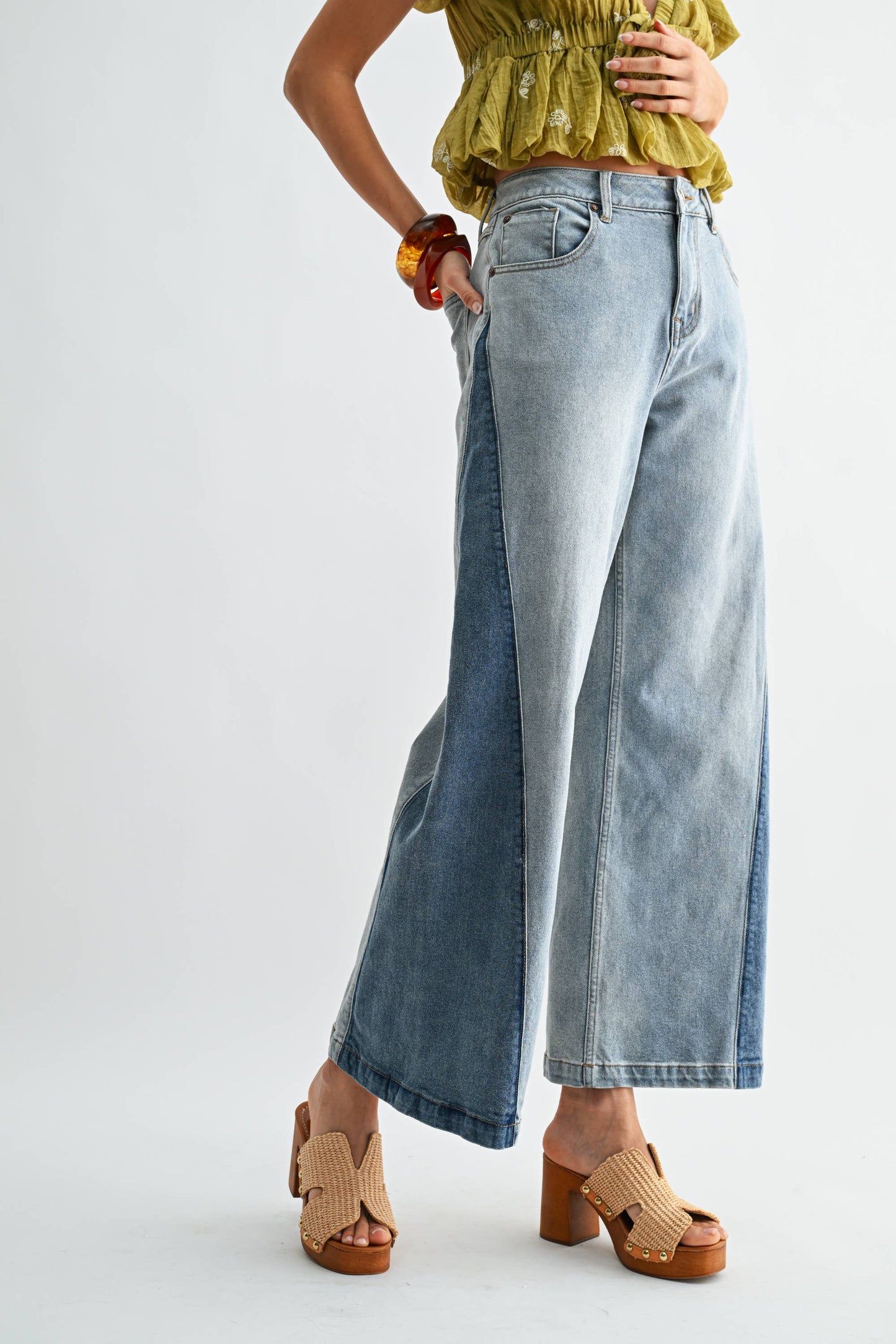 CB10162J Wide-Leg Two-Tone High Waist Denim Jeans: MEDIUM WASH / S-M-L (3-2-1) - Pink Peonies