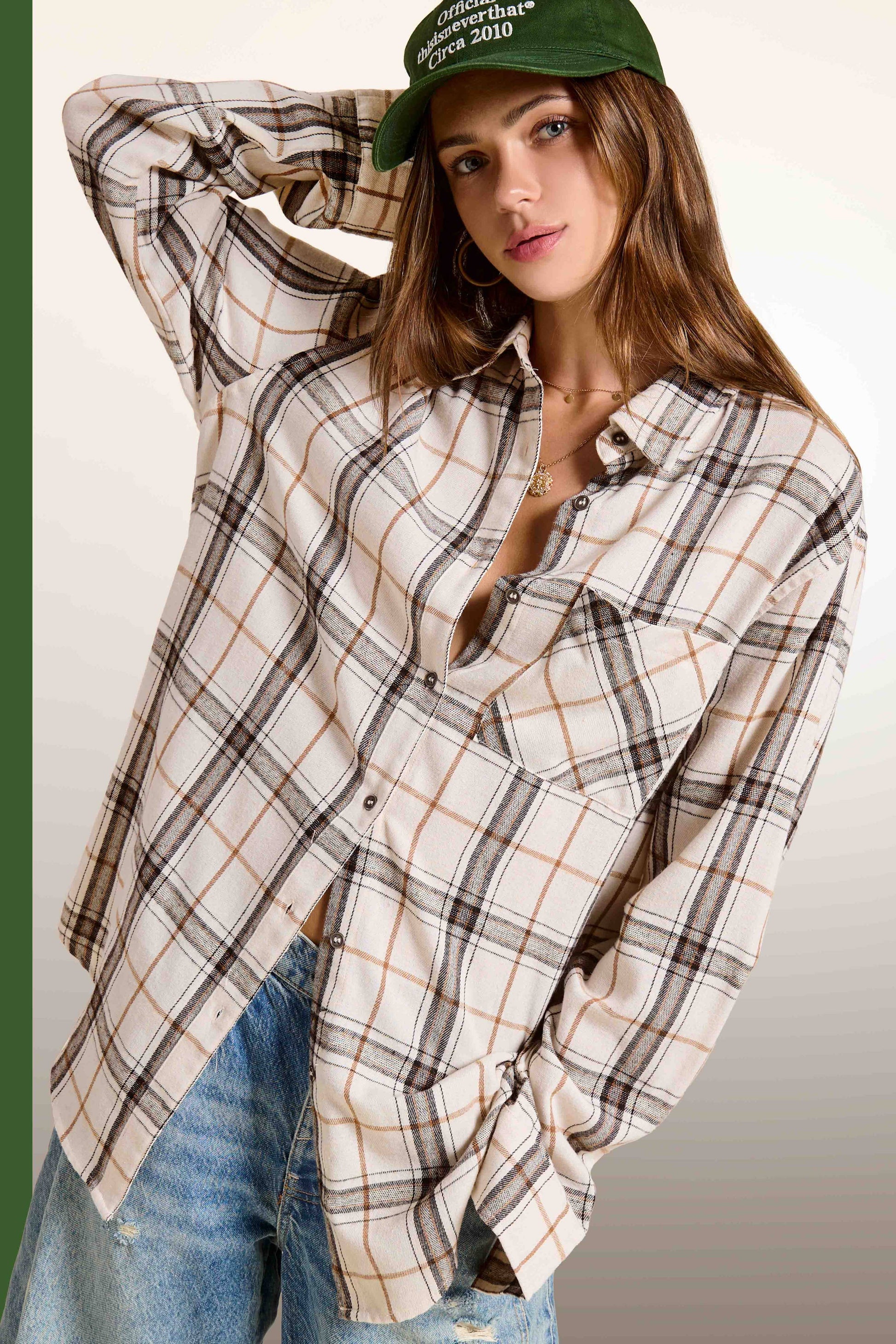 SRT1312-Soft Fabric Plaid Loose Fit Button Down Shirt: Bone / L - Pink Peonies