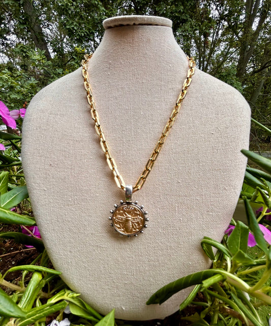 Gold Queen Bee Coin Necklace - Pink Peonies