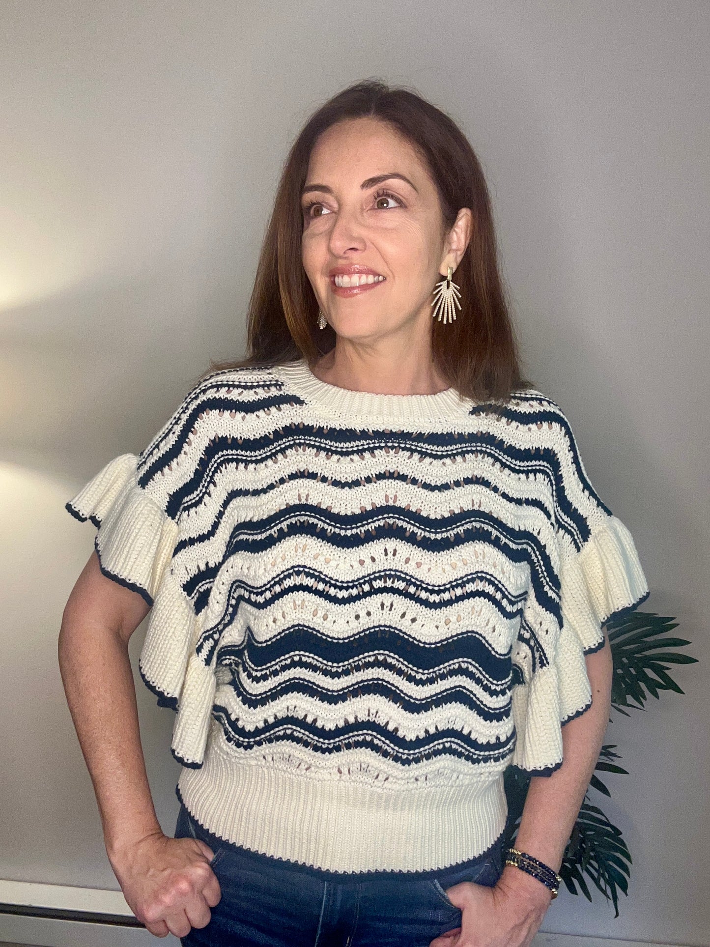 Ruffle Sleeve Wave Knit Sweater