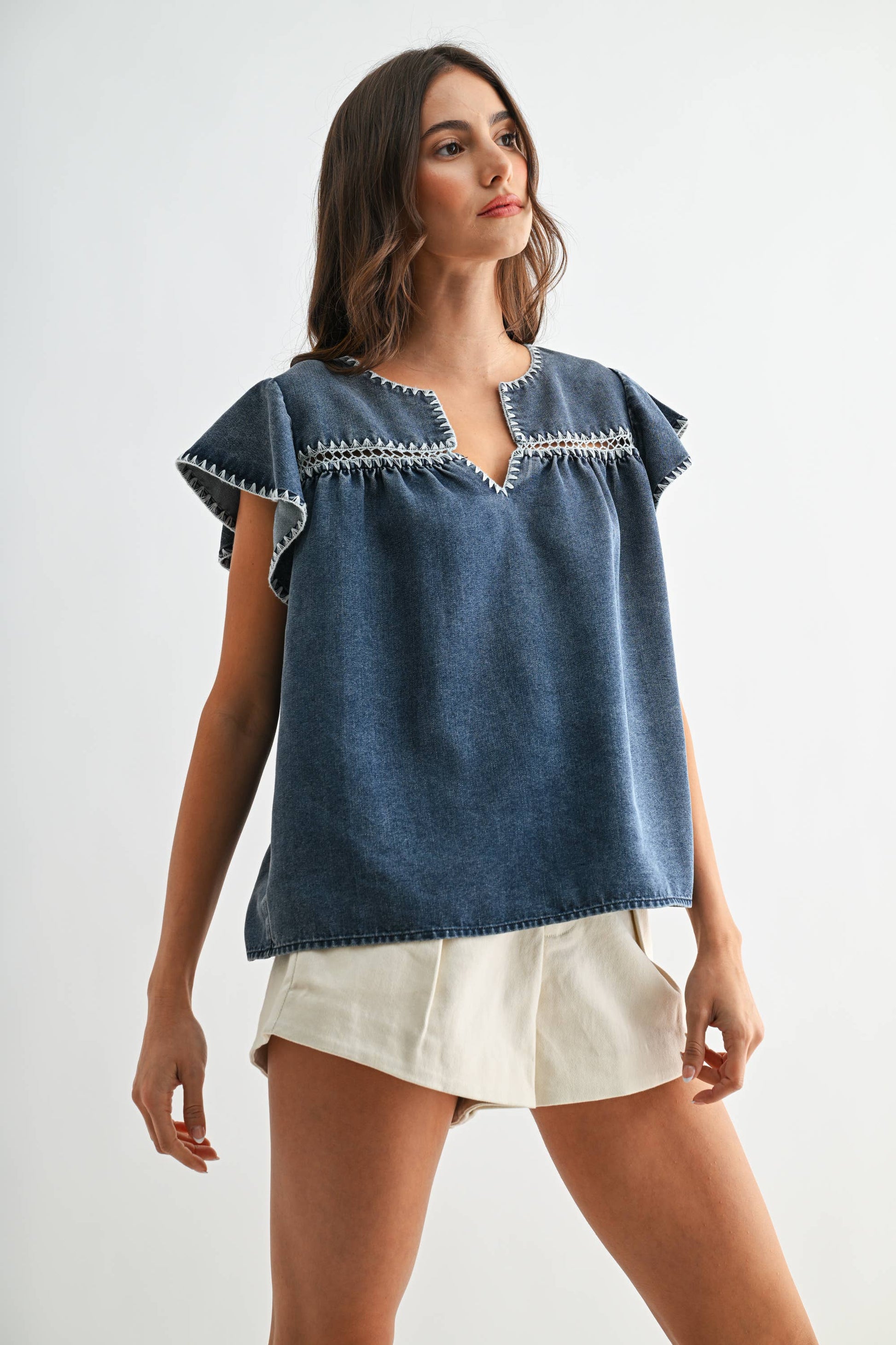 CJT26782 Denim Flutter Sleeve Top with Embroidered Trim: MEDIUM DENIM / S-M-L (3-2-1) - Pink Peonies