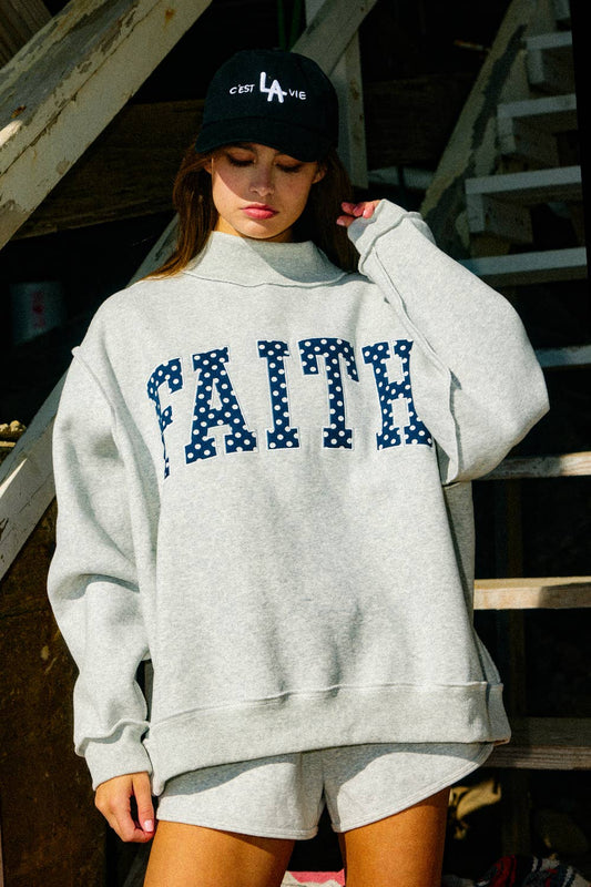 IT2594E-FAITH | Embroidered Polka-Dot Mock Neck Sweatshirt : H.GREY/POLKA DOT / S/M-L/XL (3-3) - Pink Peonies