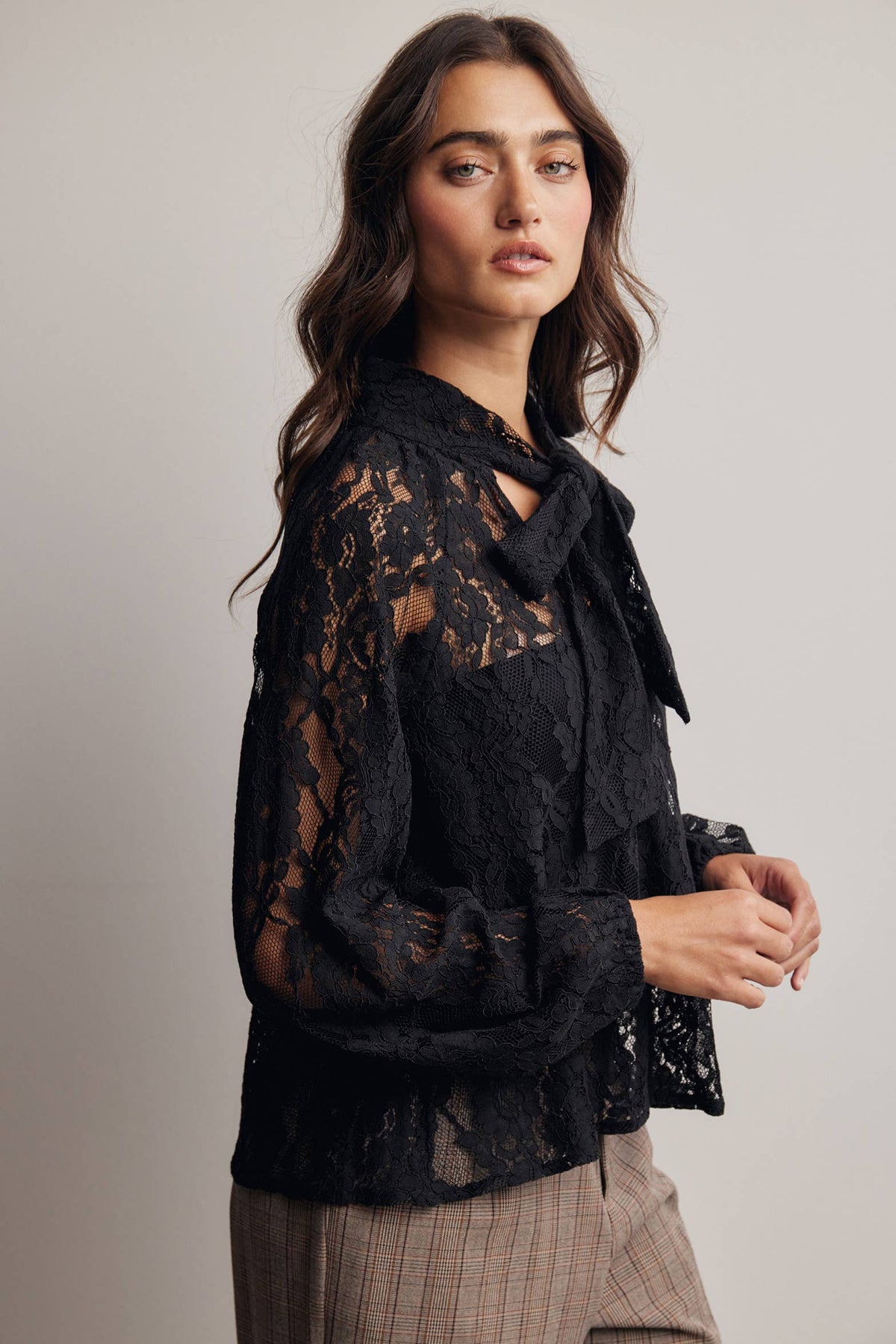 Sheer Lace Tie Neck Black Blouse