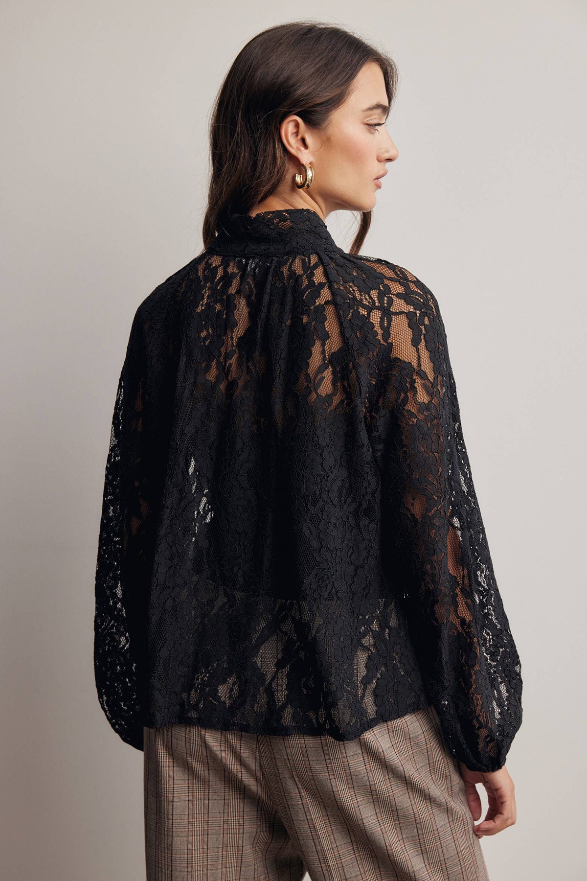 Sheer Lace Tie Neck Black Blouse