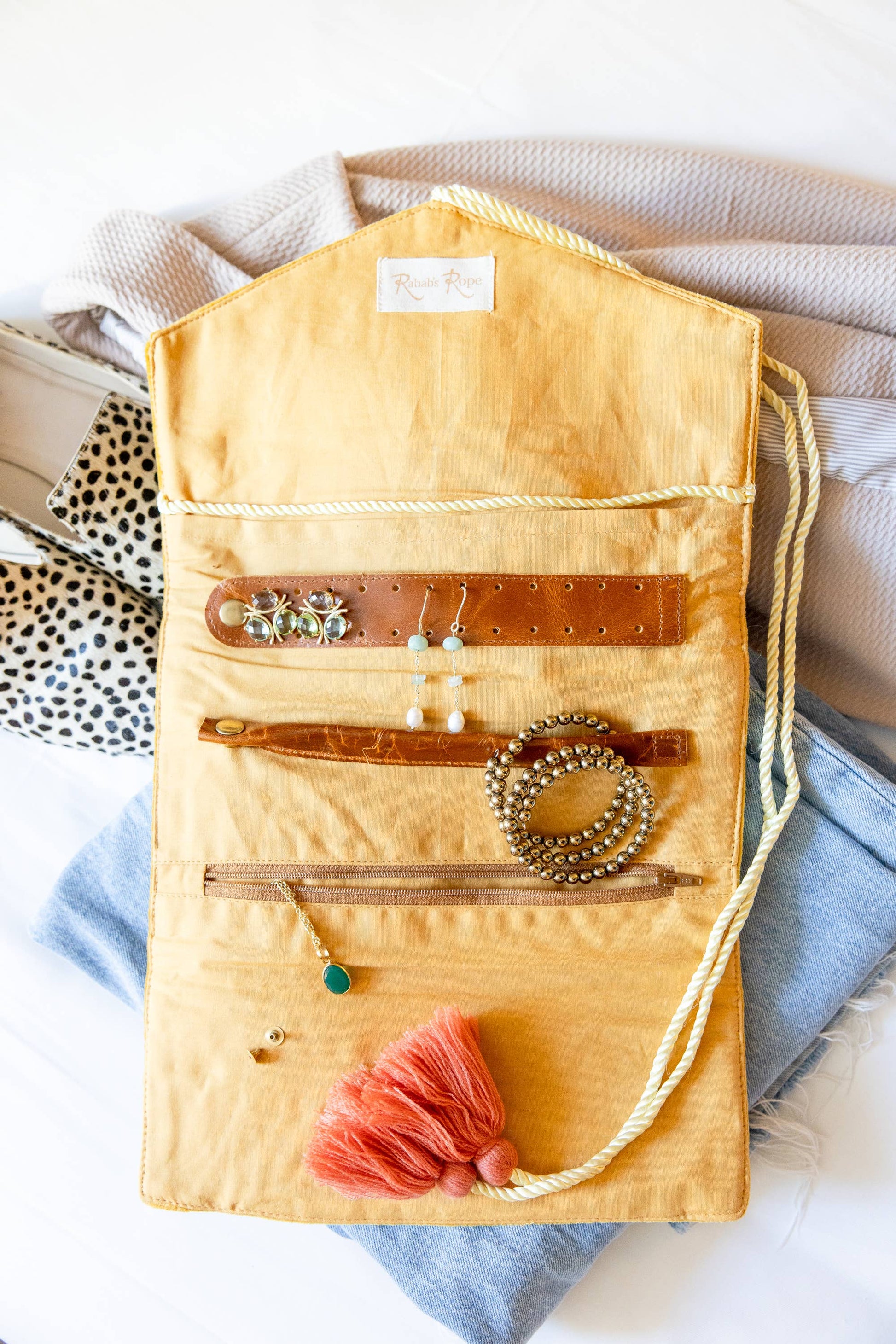 Embroidered Velvet Jewelry Organizer-Mustard - Pink Peonies