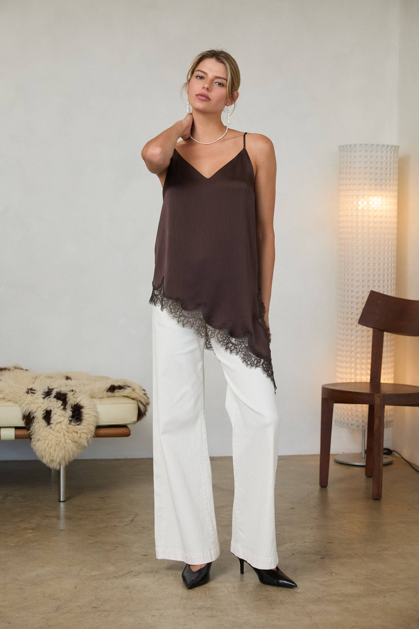 Asymmetrical Satin Lace Trim Cami Tunic