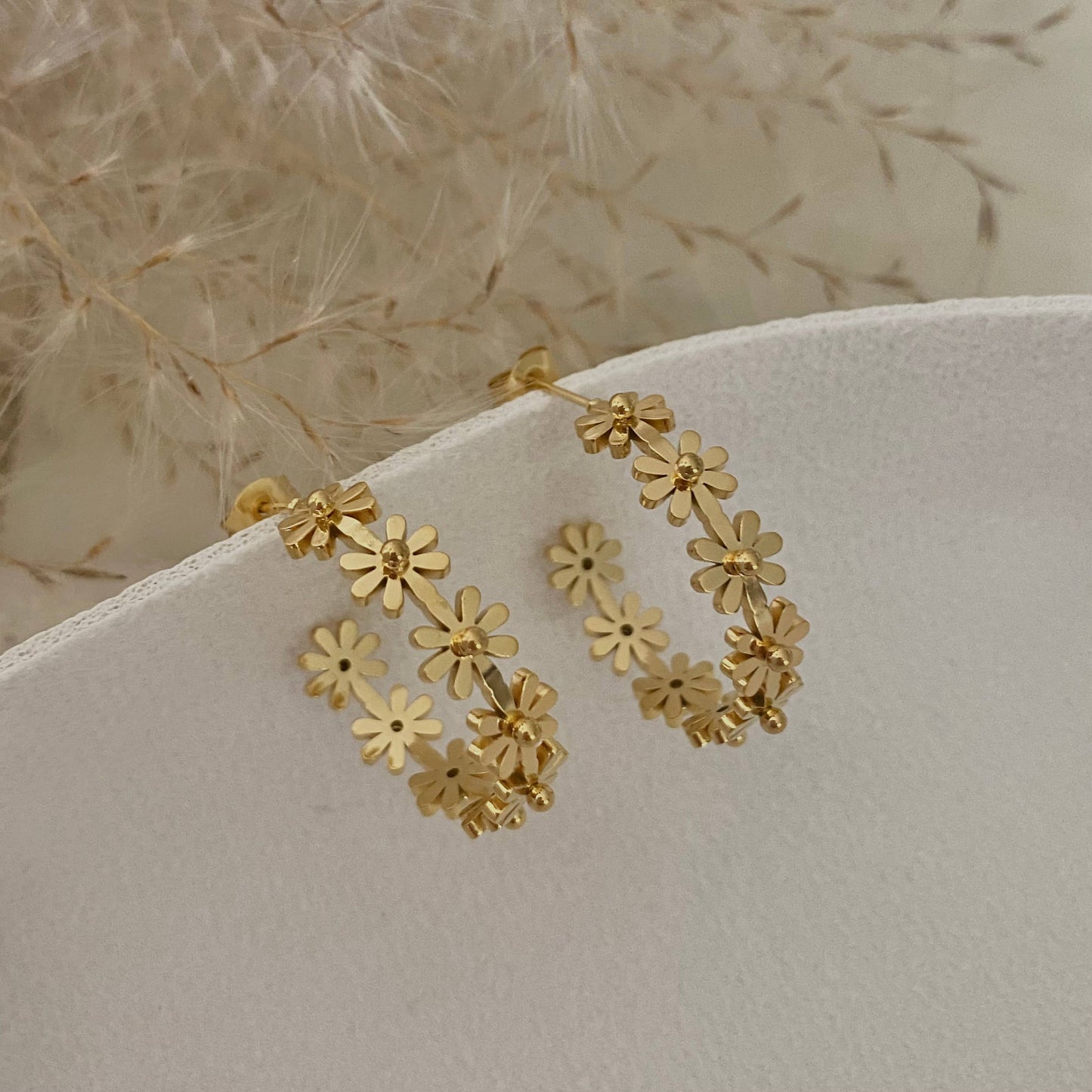 Flower Hoop Earrings 18K gold plated lightweight water resis - Pink Peonies