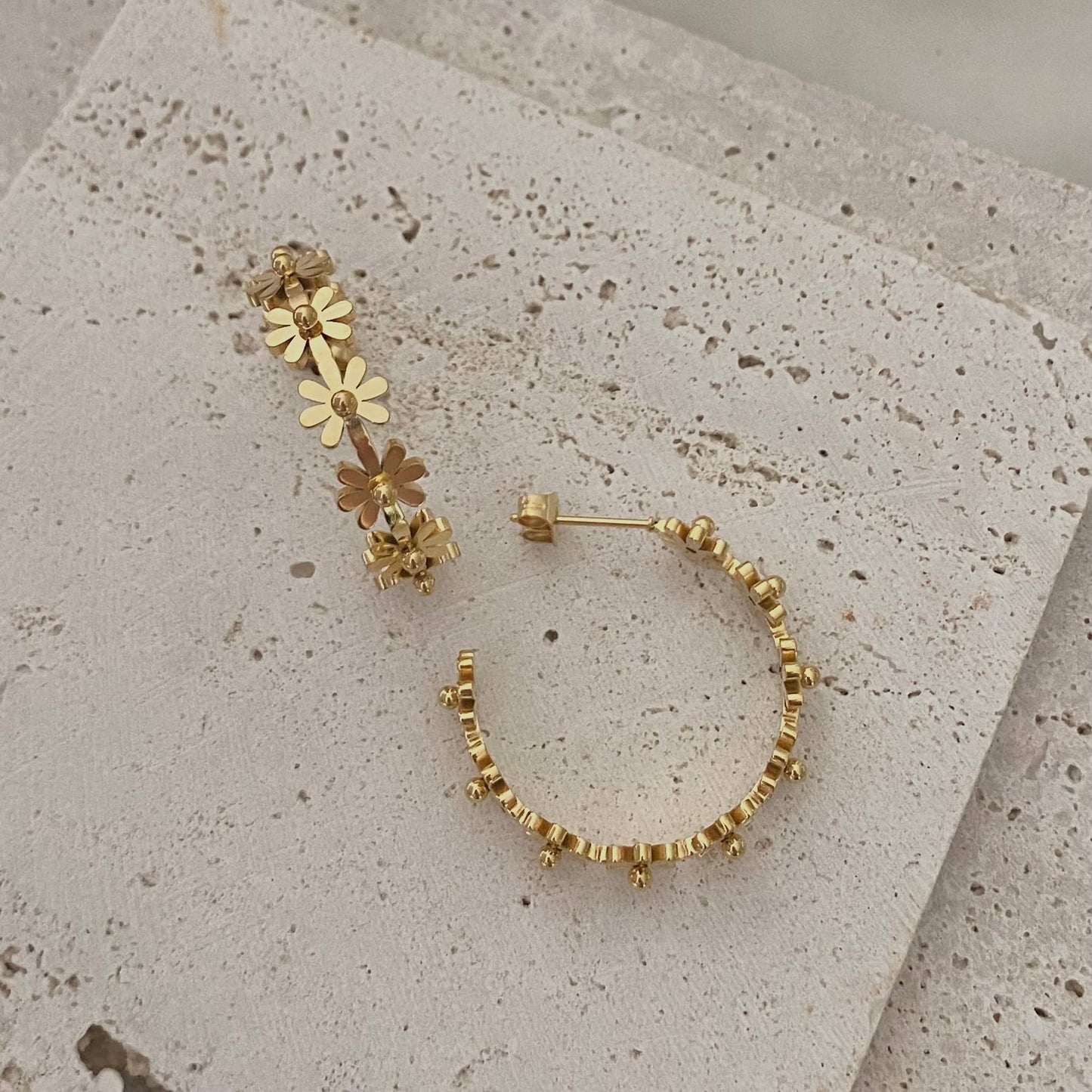 Flower Hoop Earrings 18K gold plated lightweight water resis - Pink Peonies
