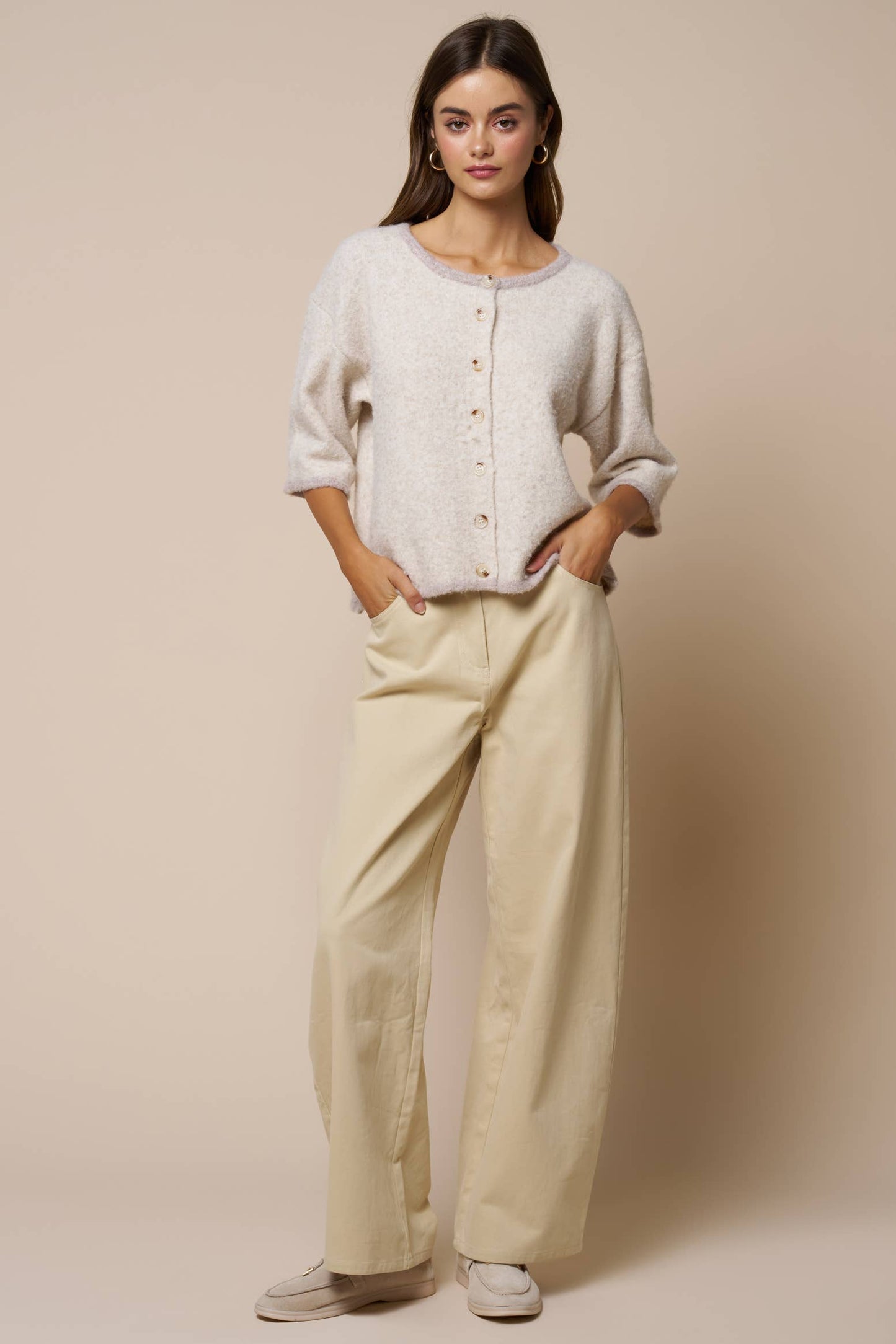Color Block Button Down Sweater Top: LT BEIGE / L - Pink Peonies
