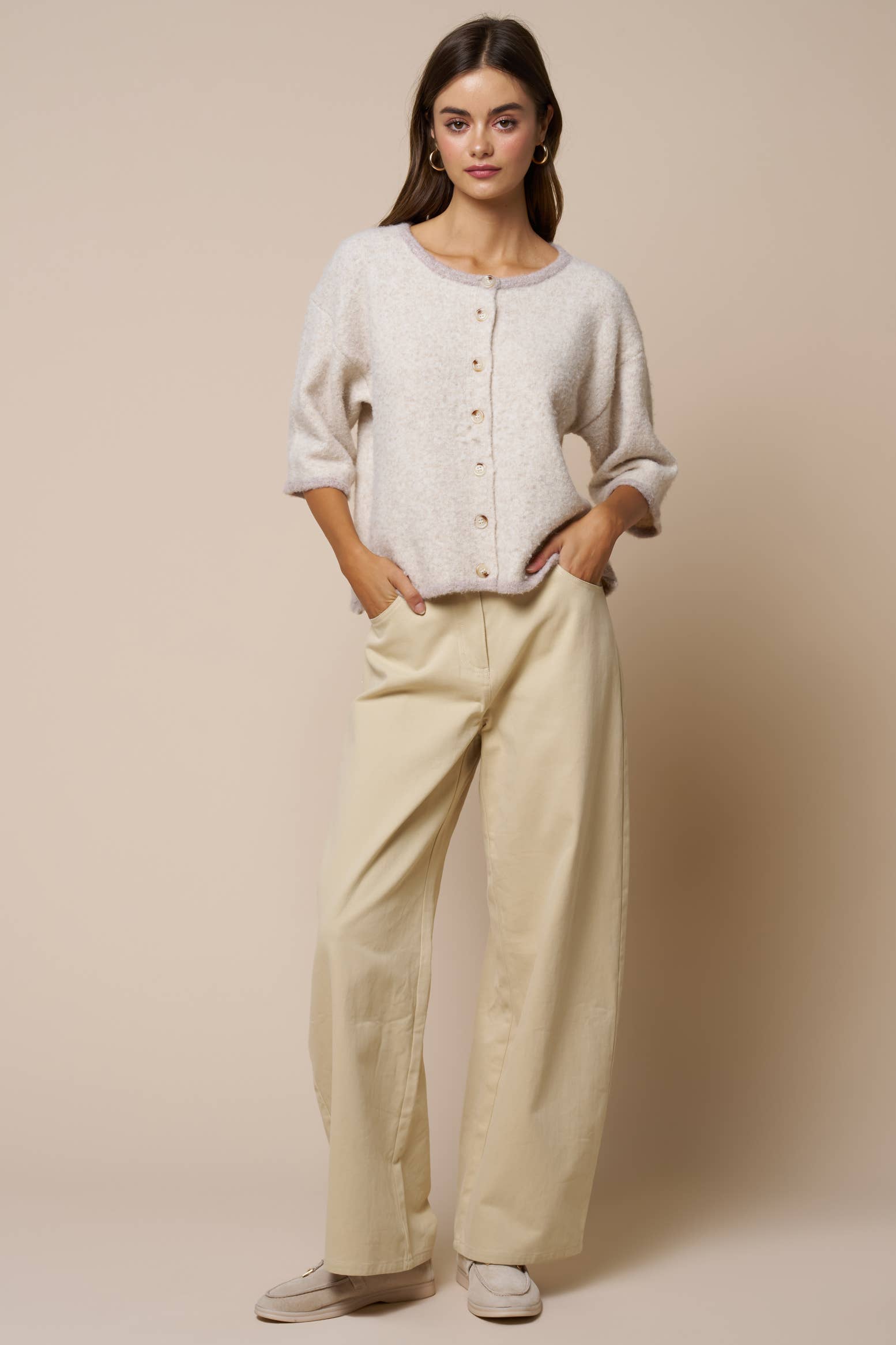 Color Block Button Down Sweater Top: LT BEIGE / L - Pink Peonies