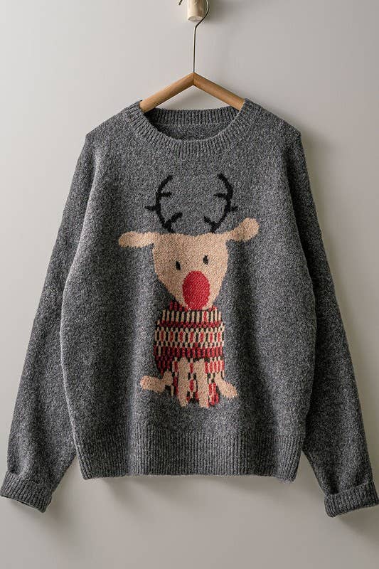 Reindeer Holiday Crewneck Grey Knit Sweater