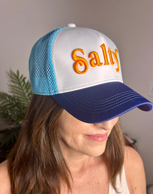 Salty Trucker Hat - Blue & Orange Mesh - Pink Peonies