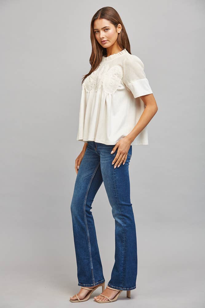Sheer Mesh Upper Faux Suede Top