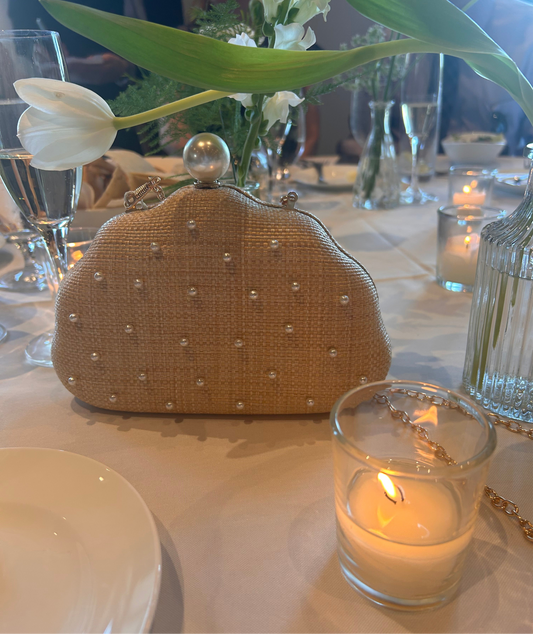 Seashell Minaudiere with Pearl Accents - Pink Peonies