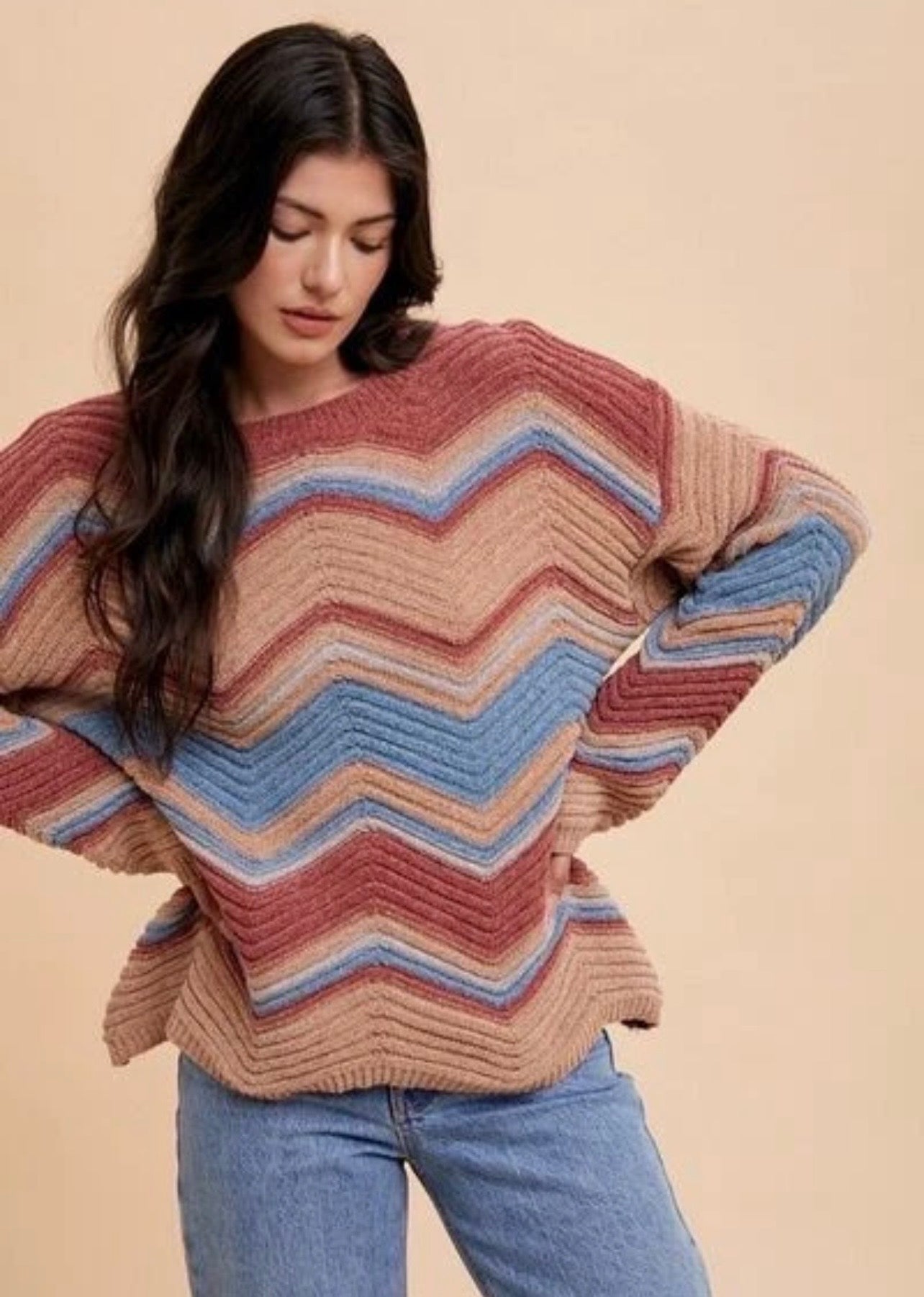 Rose Multi Zig-Zag Pointelle Chenille Sweater - Pink Peonies