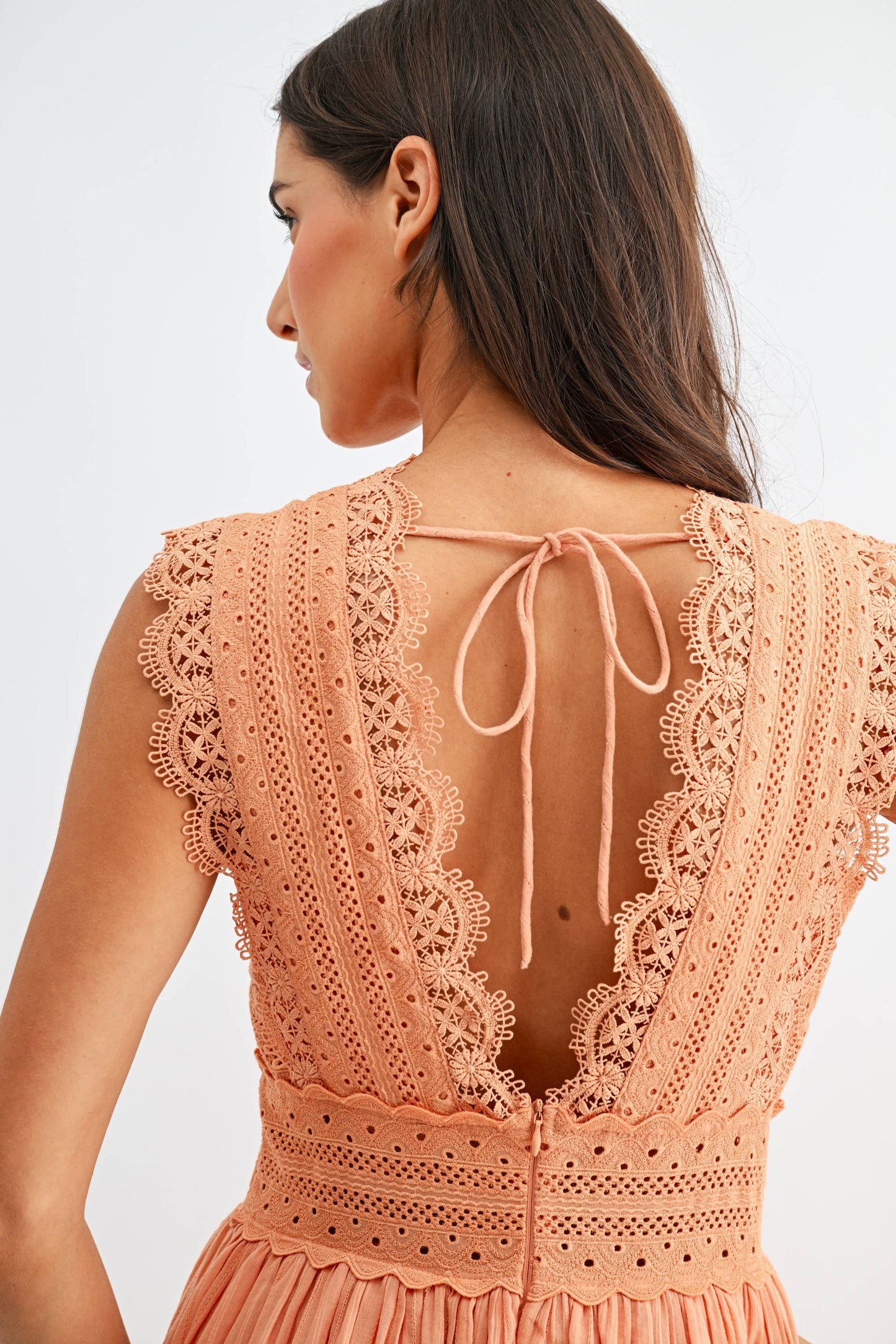 CD10184J Lace Boho Midi Dress: ORANGE / S-M-L (3-2-1) - Pink Peonies