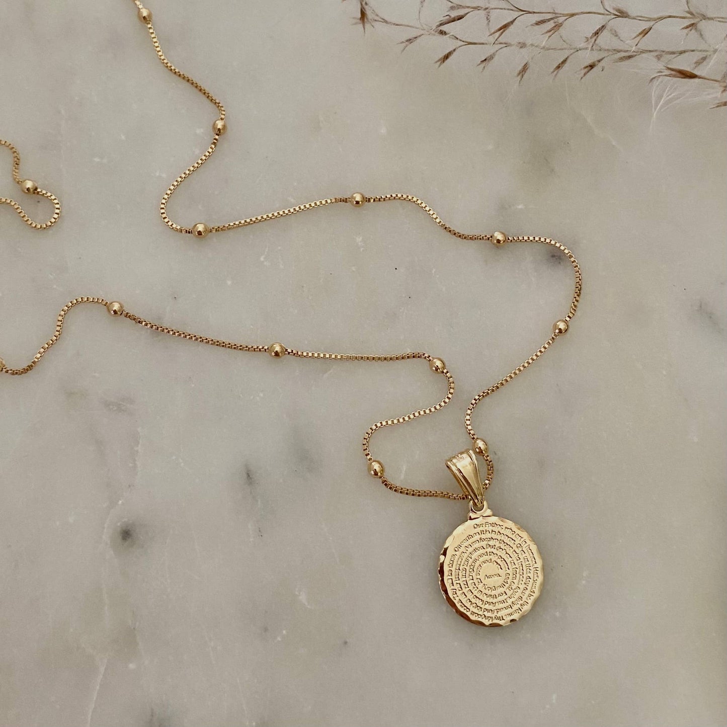 Our Father prayer coin charm necklace 18k GF satellite chain - Pink Peonies