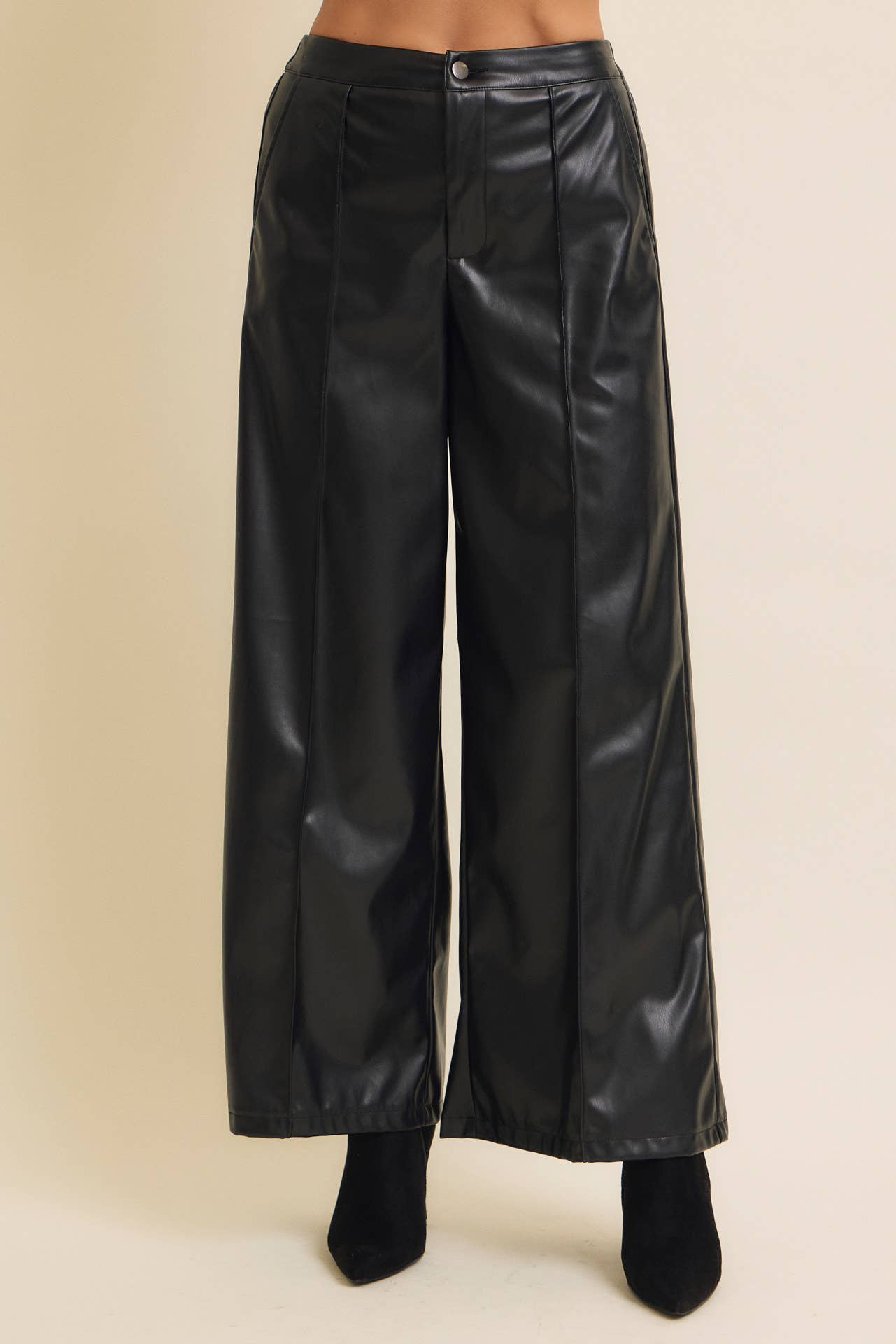 Vegan Leather Wide-Leg Pants with Elastic Back