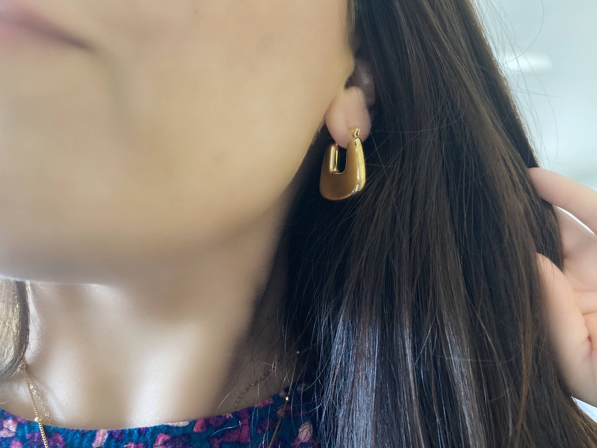 Lightweight gold chunky hoop earring gold plated waterproof - Pink Peonies
