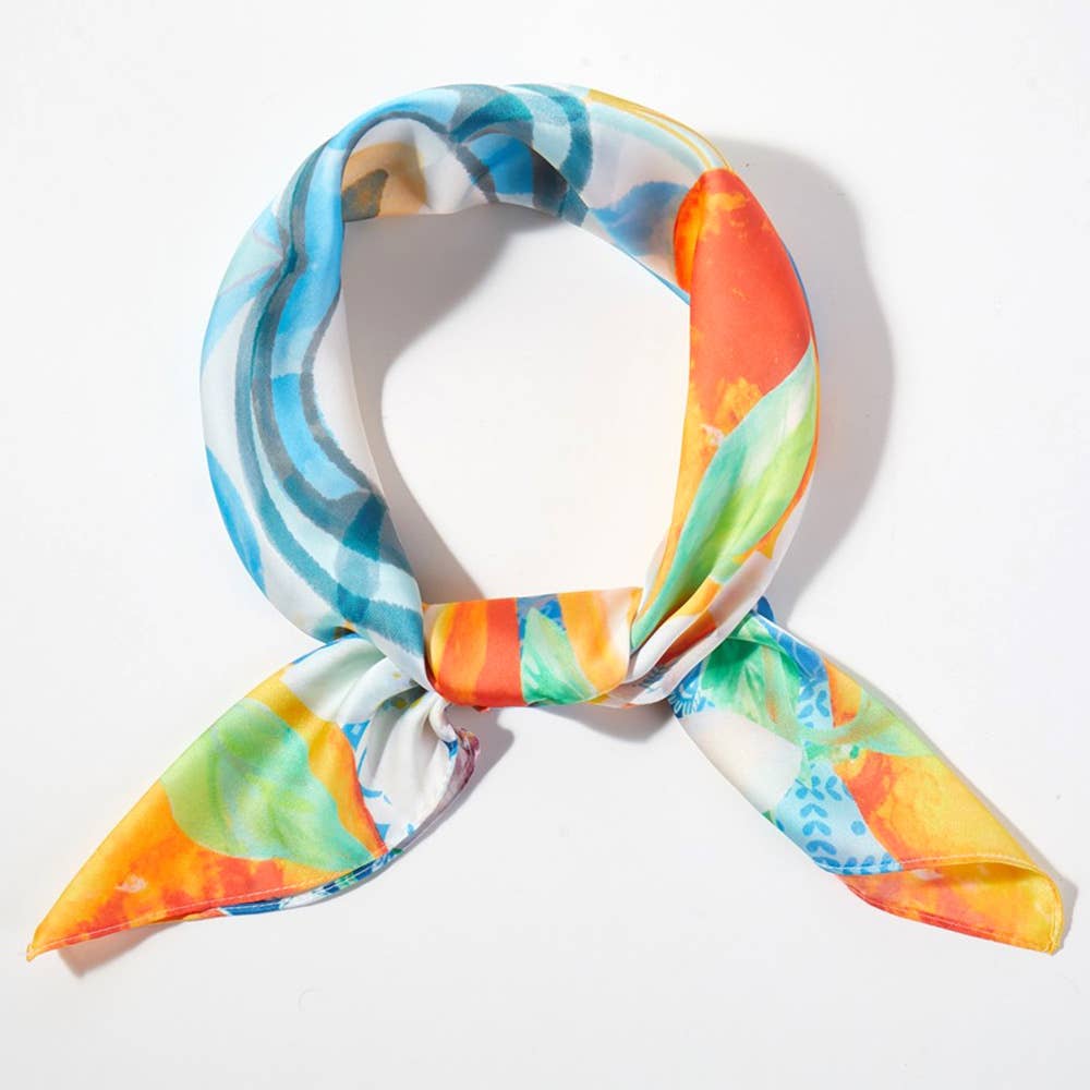 Orange Mosaic Print Square Bandana Scarf: Black - Pink Peonies