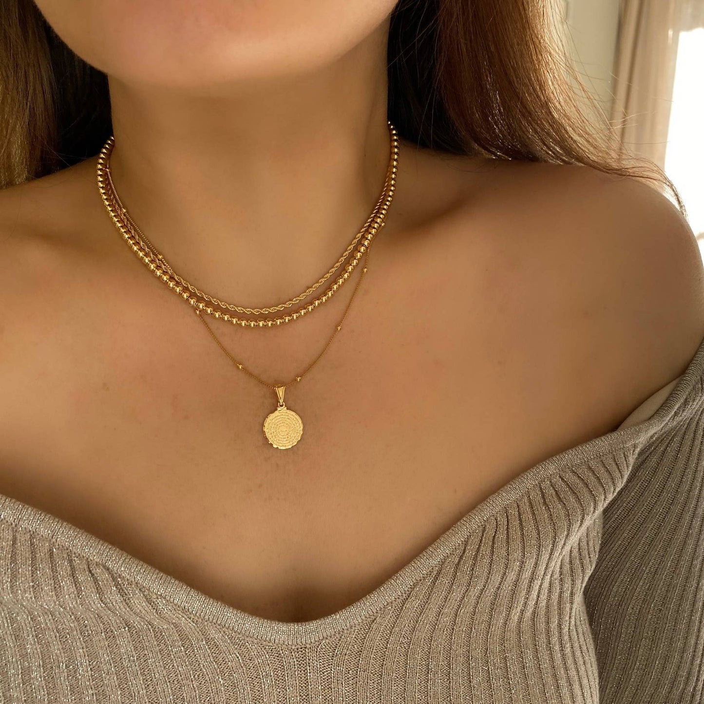 Our Father prayer coin charm necklace 18k GF satellite chain - Pink Peonies