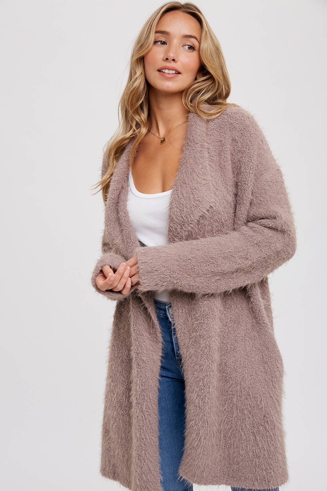 SOFT FUZZY DRAPE FRONT CARDIGAN: MUSHROOM / M/L - Pink Peonies