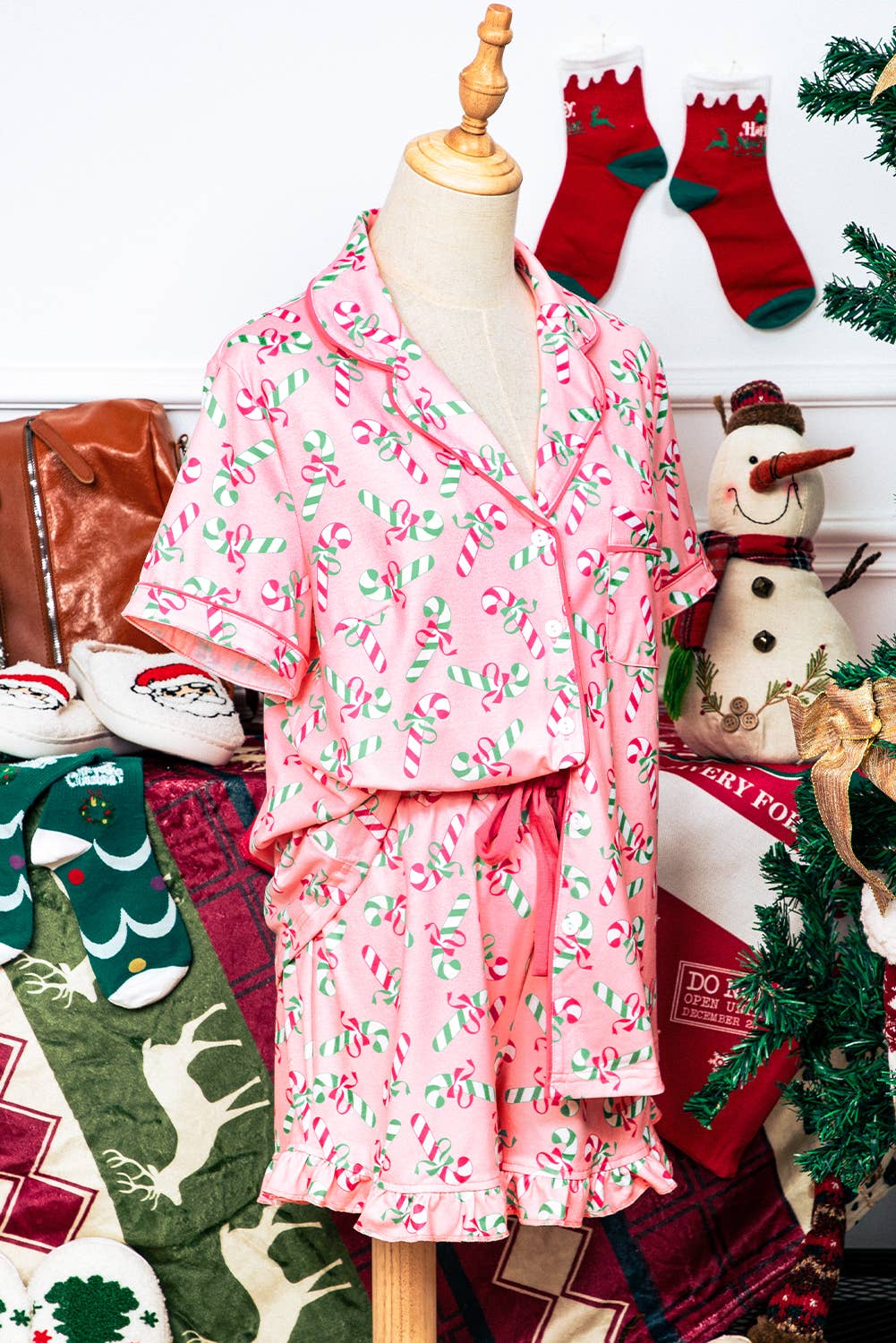 Pink Christmas Candy Cane Holiday Pajama Set