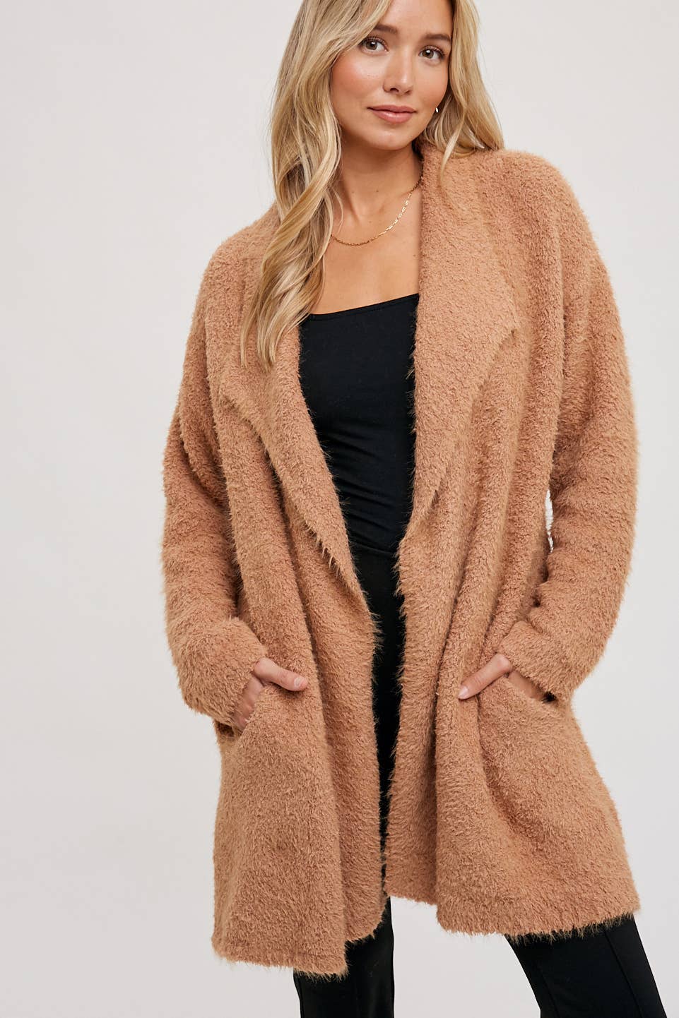 SOFT FUZZY DRAPE FRONT CARDIGAN: MUSHROOM / M/L - Pink Peonies